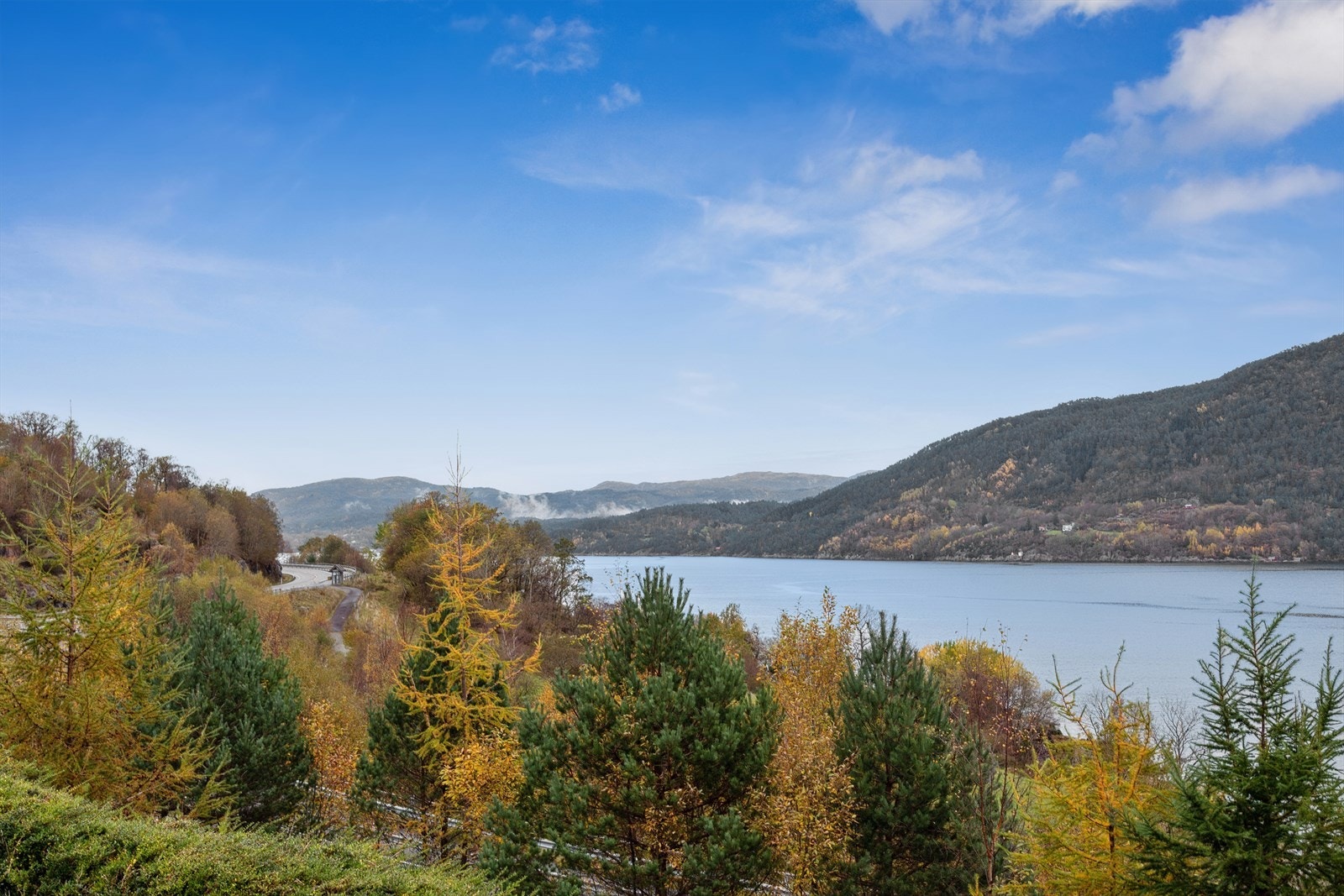 Flott utsikt til fjord og fjell. Galleribilde