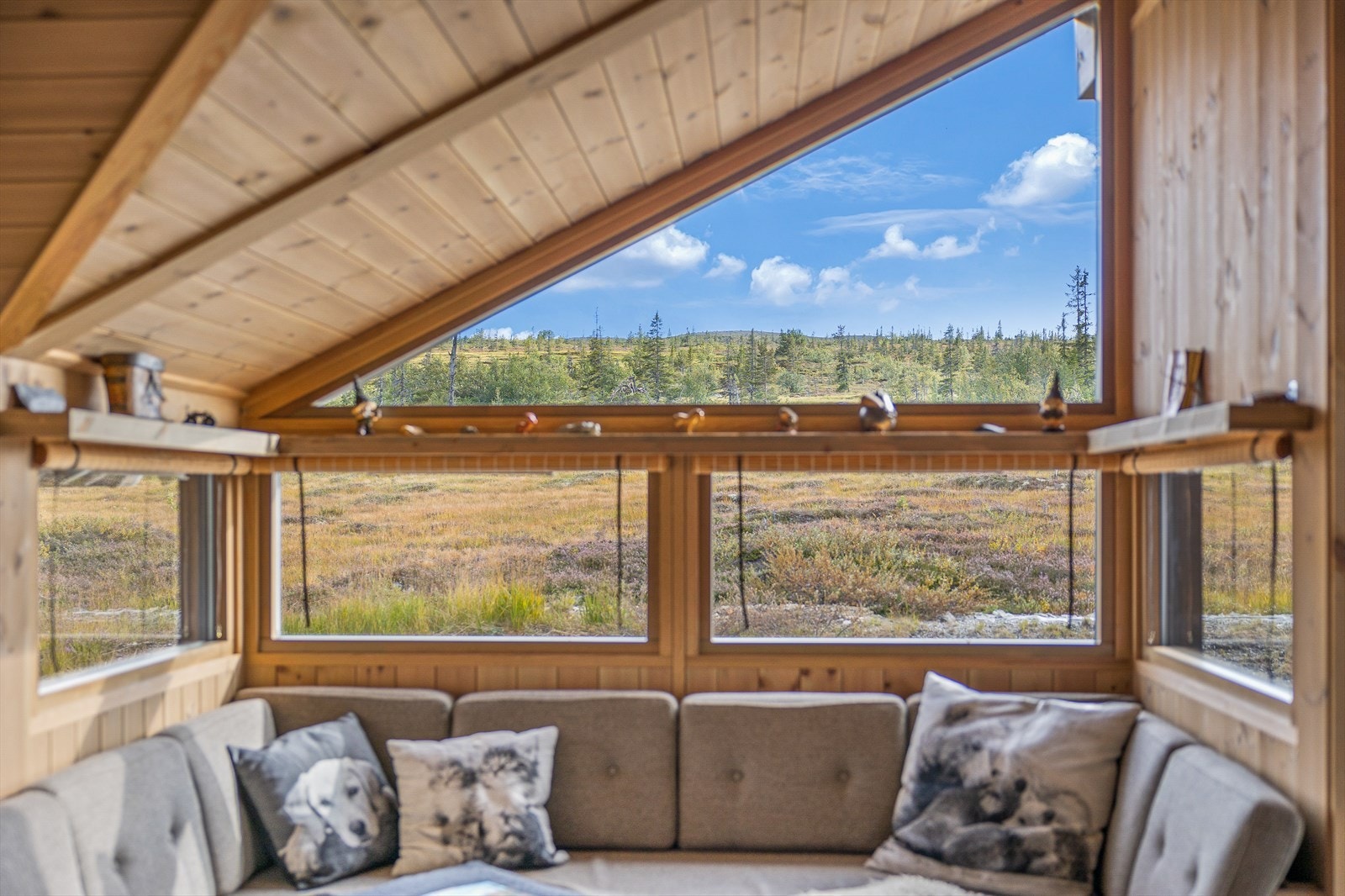 Små vinduer langs veggen og et stort vindu i mønet slipper inn rikelig med dagslys og åpner hytta mot utsikten. Galleribilde