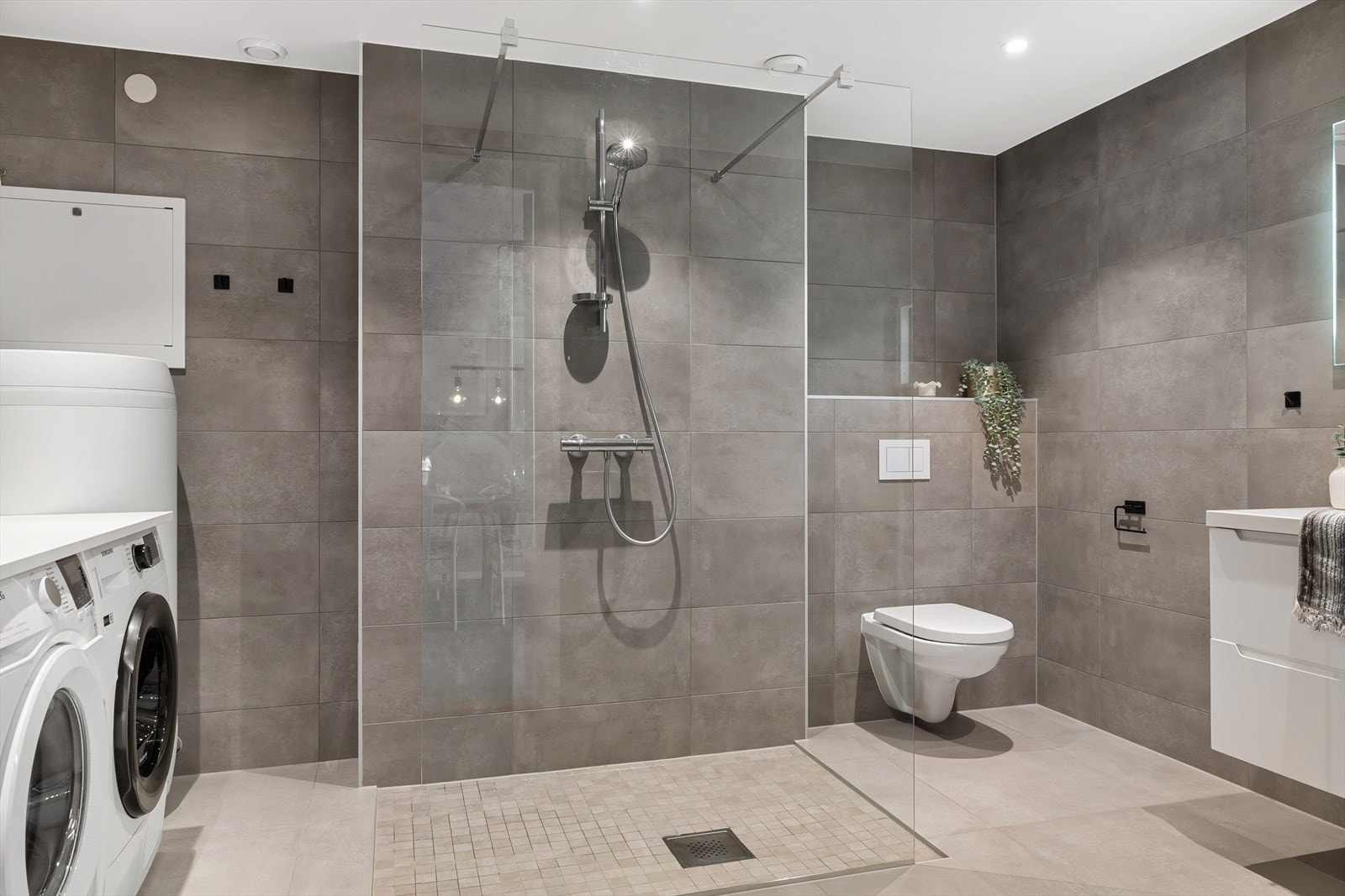 Stor dusjnisje med glassvegg, vegghengt toalett og fint servantmøbel Galleribilde