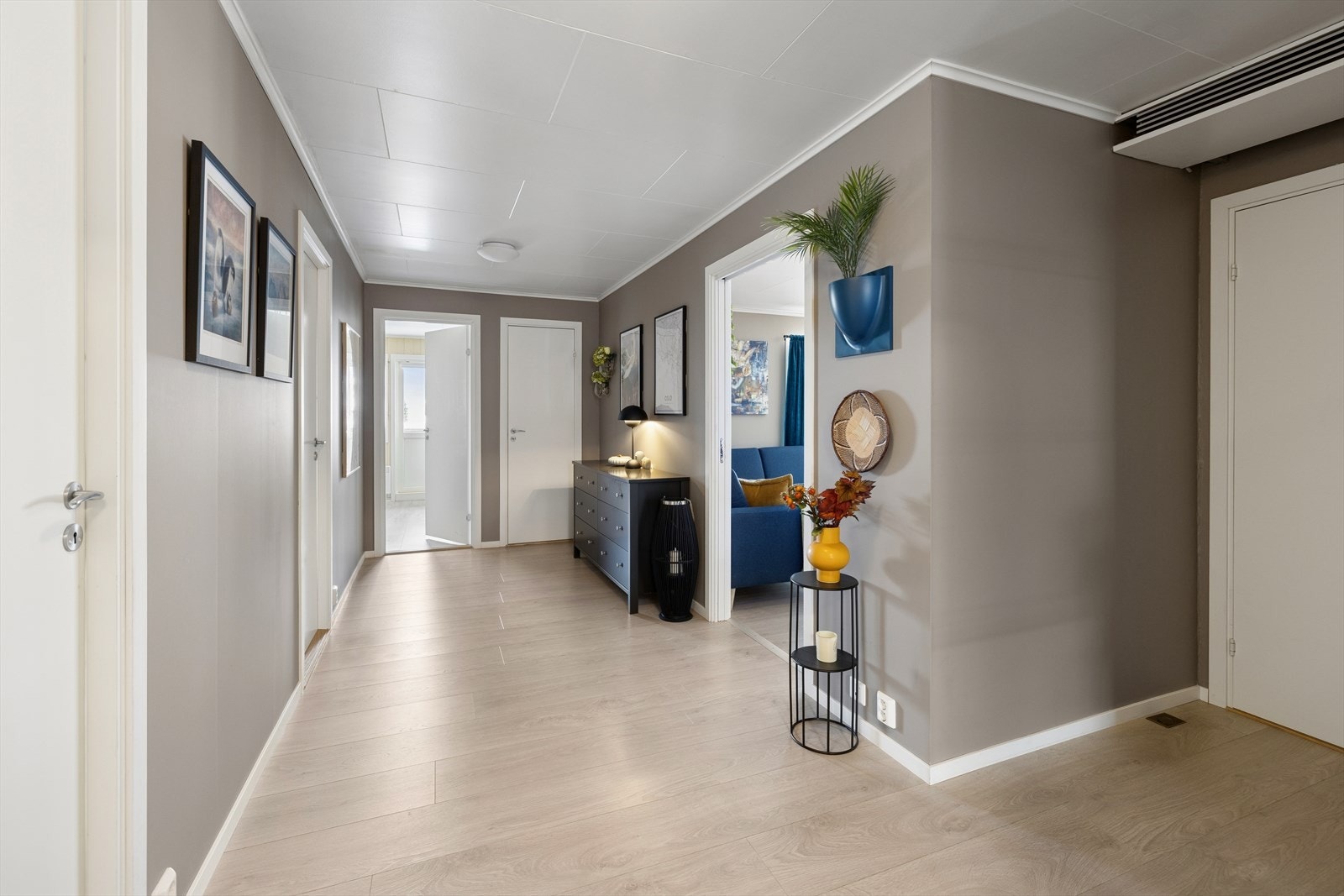 Laminatgulv og malte vegger gir en hyggelig velkomst og et moderne inntrykk i entré og gang området. Galleribilde