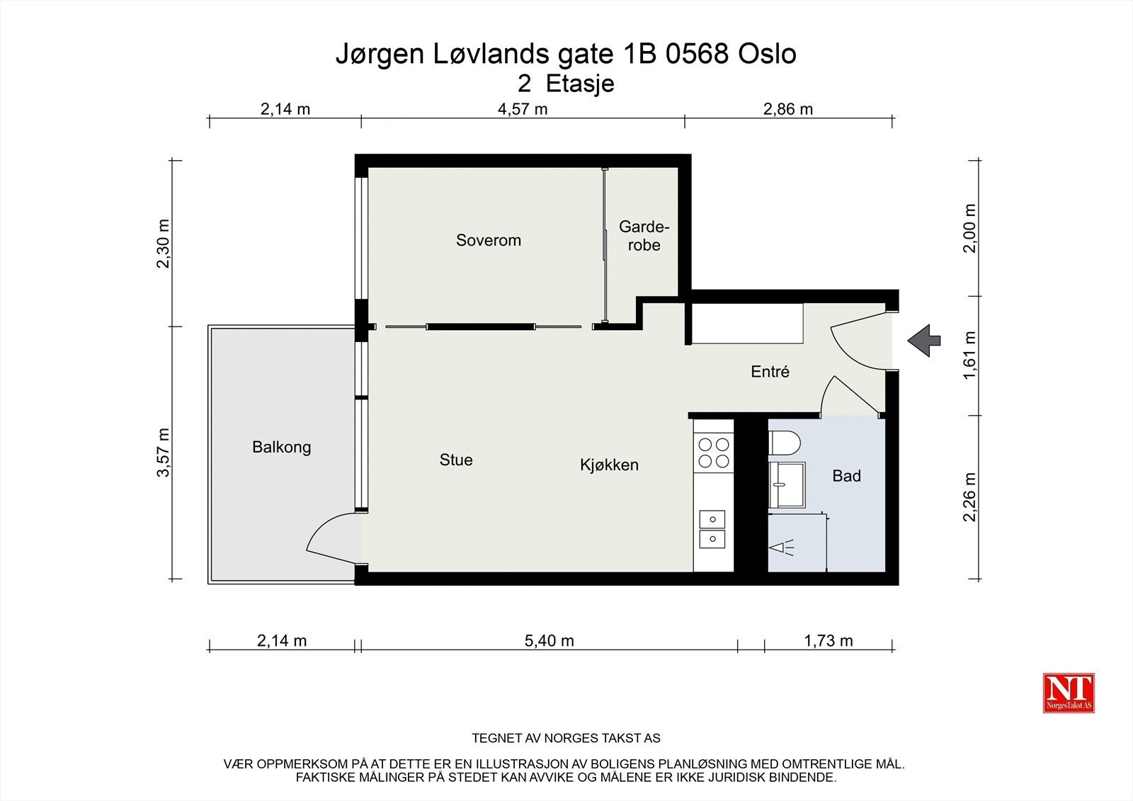 Vi starter med plantegningen før du blar deg videre i leiligheten. Boligen inneholder stue/kjøkken, soverom, bad, balkong og entré. I tillegg disponerer leiligheten en kjellerbod. Galleribilde