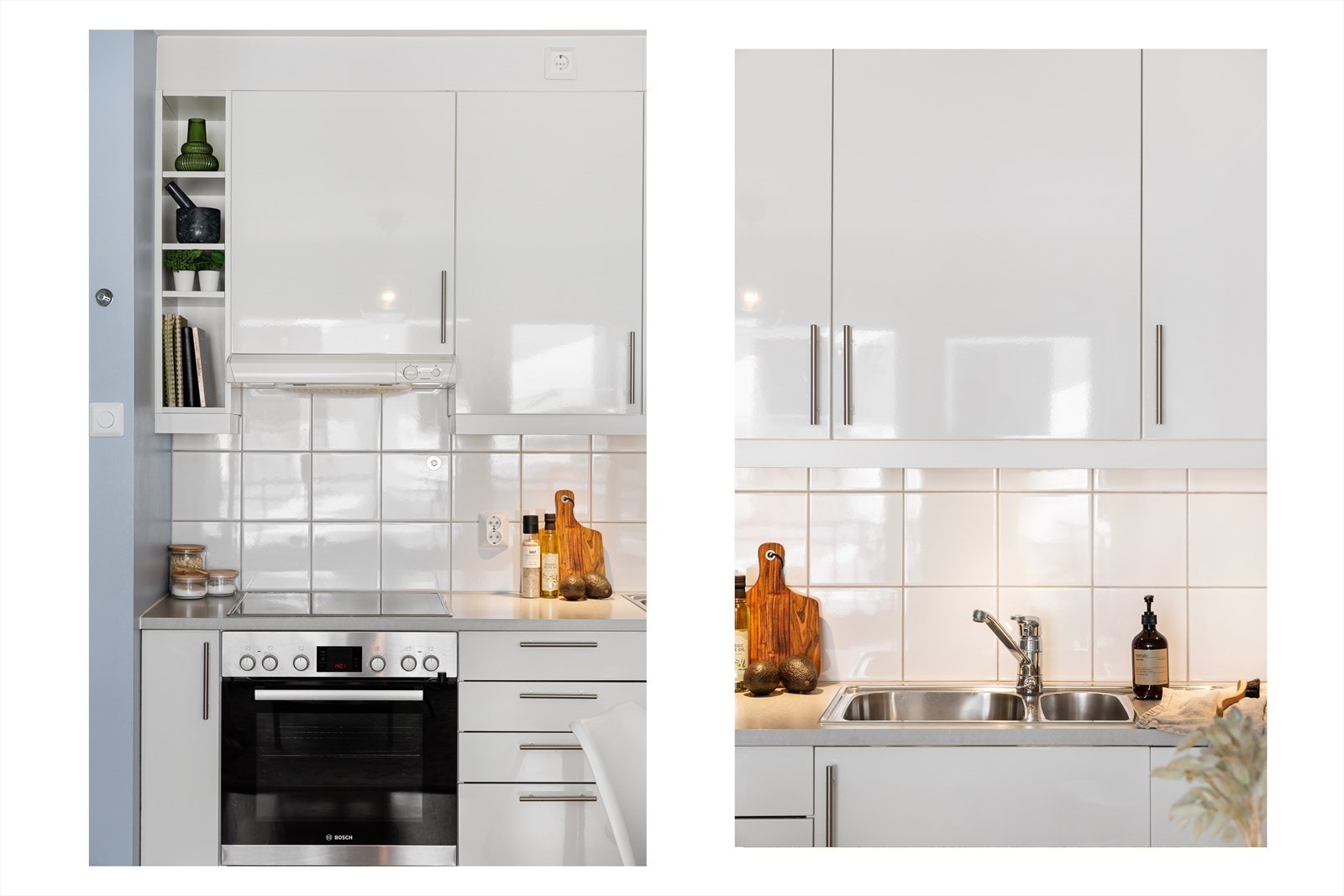 Det er fliser over benk, ventilator og intigrerte hvitevarer. Galleribilde