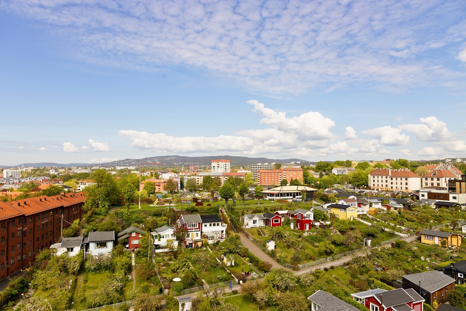 Kolonihager og grønne områder skaper et idyllisk landskap med utsikt over byen. Galleribilde