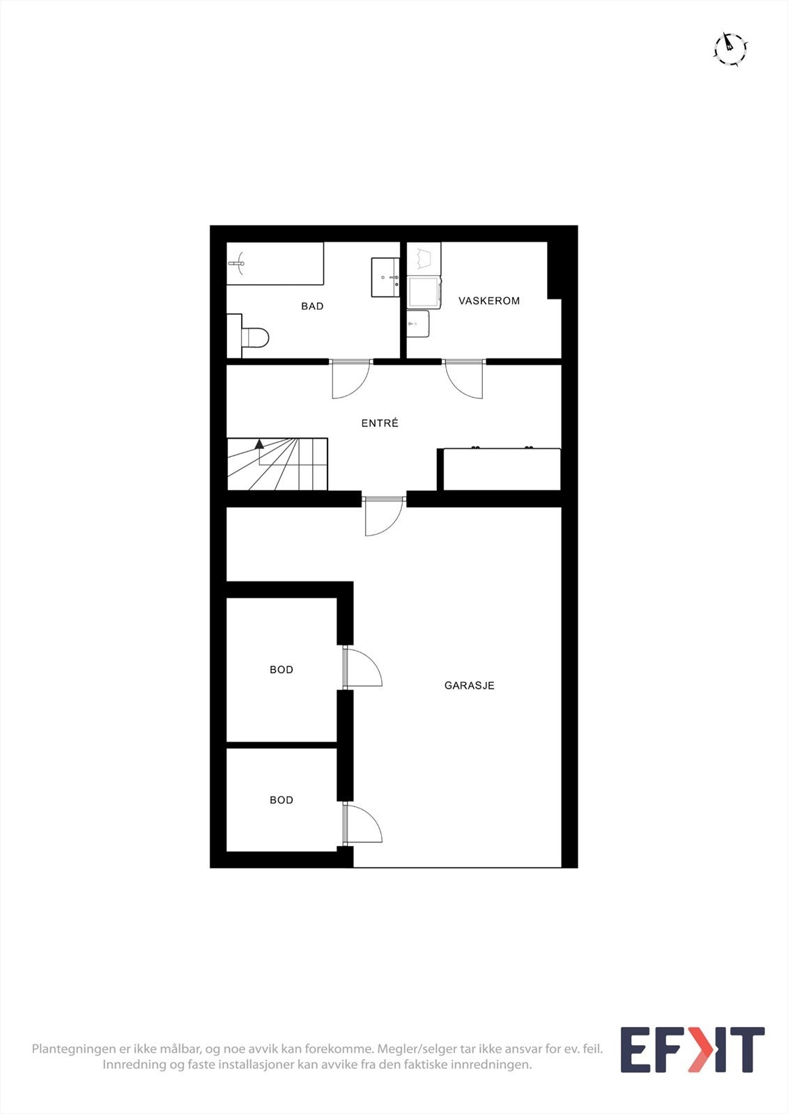 Plantegning 1. etasje: Praktisk inngangsparti med bad, vaskerom og tilgang til boder og garasje. Galleribilde