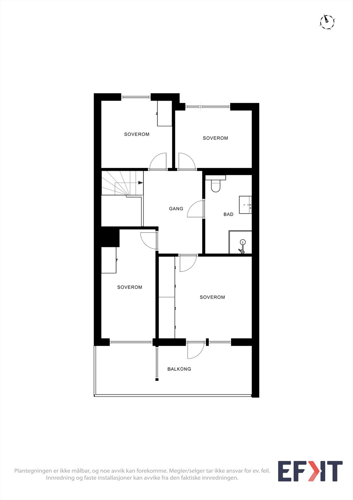 Plantegning 3. etasje: Privat sone med fire soverom, bad og utgang til altan. Galleribilde