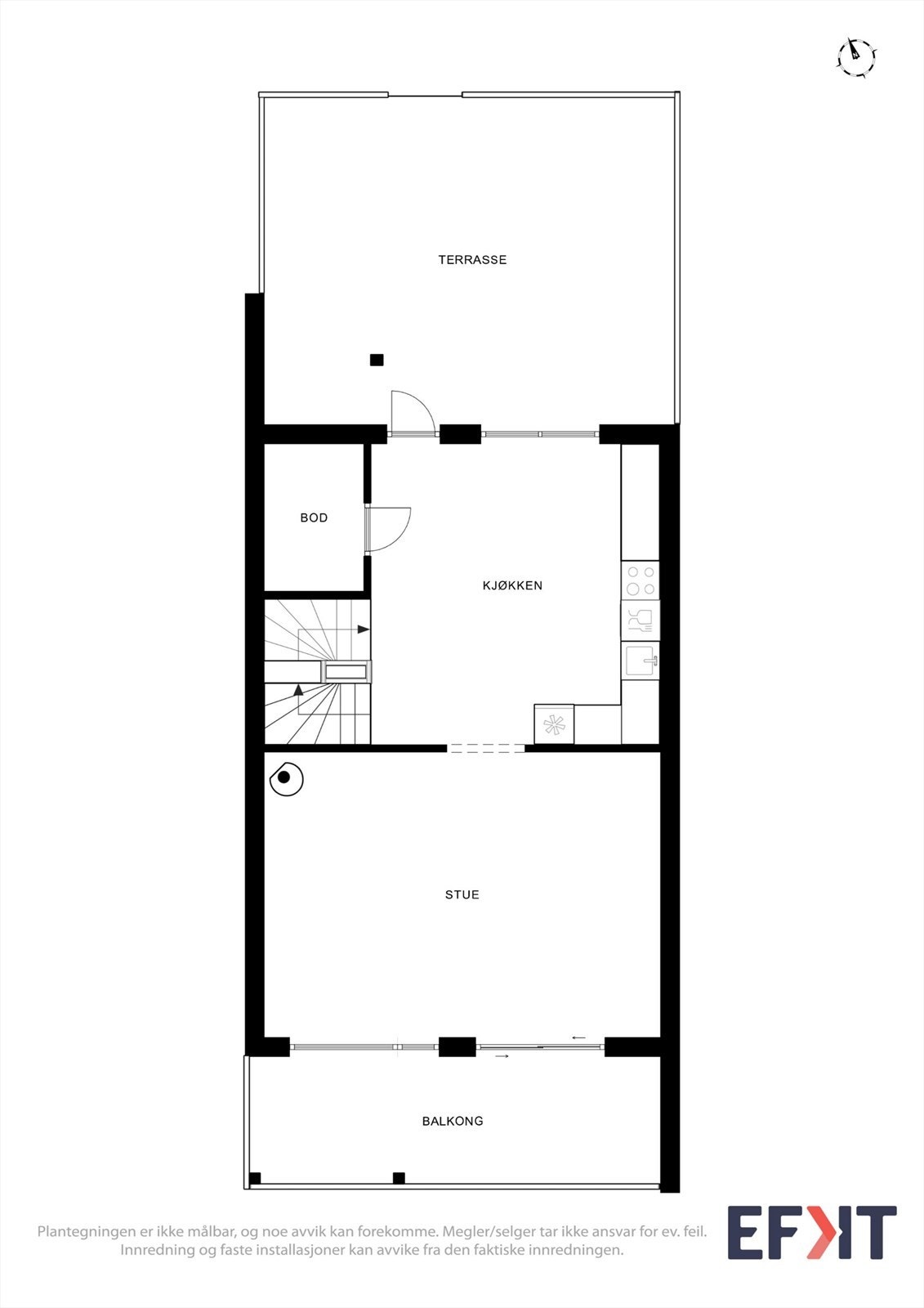 Plantegning 2. etasje: Sosial sone med stue og kjøkken, samt utgang til både terrasse og veranda. Galleribilde