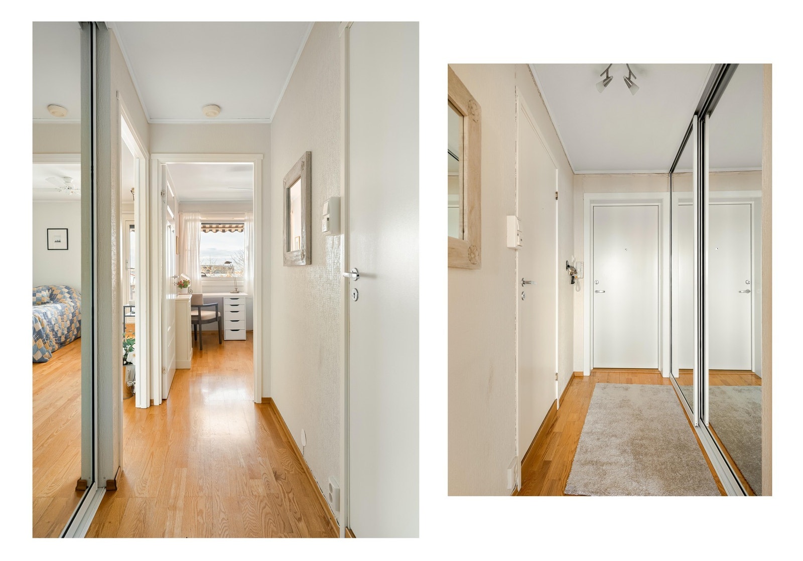 Gangen fungerer som et naturlig bindeledd mellom leilighetens rom. Her er det også montert skyvedørsgarderobe som gir gode oppbevaringsmuligheter for yttertøy og sko. Galleribilde