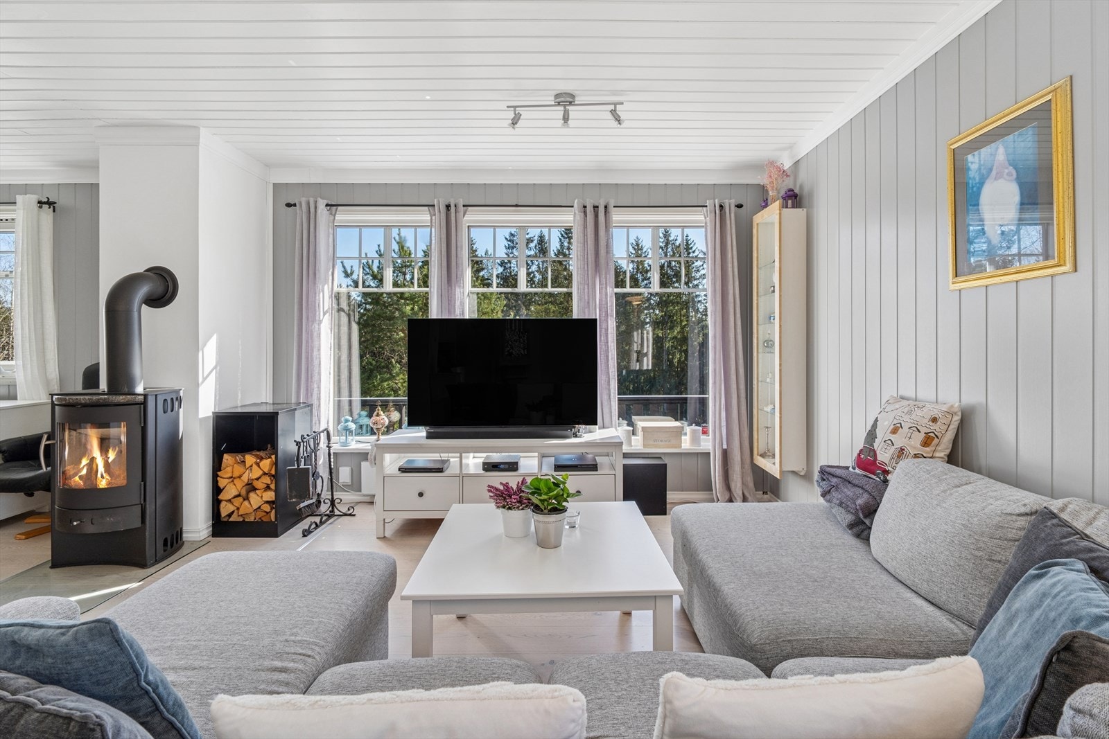 Moderne peisovn og fint naturlig lys inn fra de store vindusflatene. Galleribilde