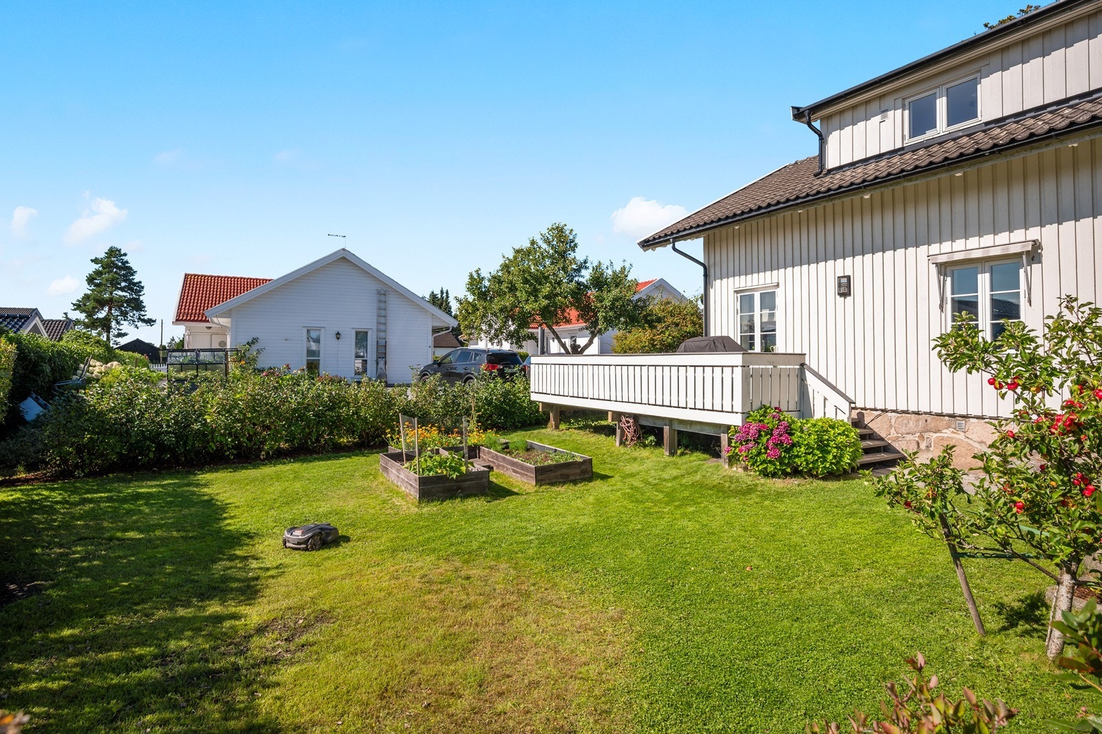 Uteområdet er beplantet med staudebed, plen og hekk. Galleribilde