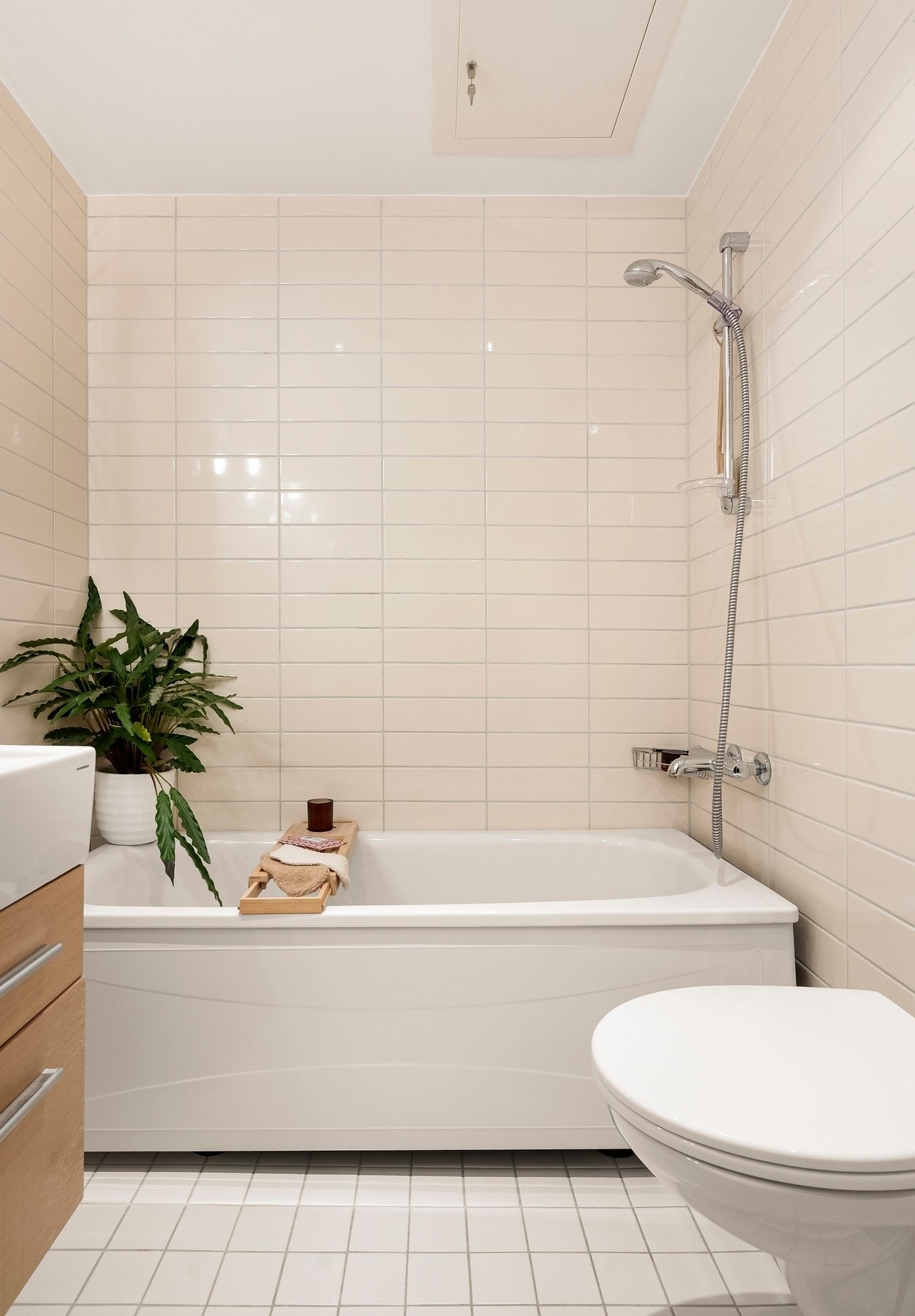 Videre inneholder badet vegghengt toalett og et frittstående badekar. Galleribilde