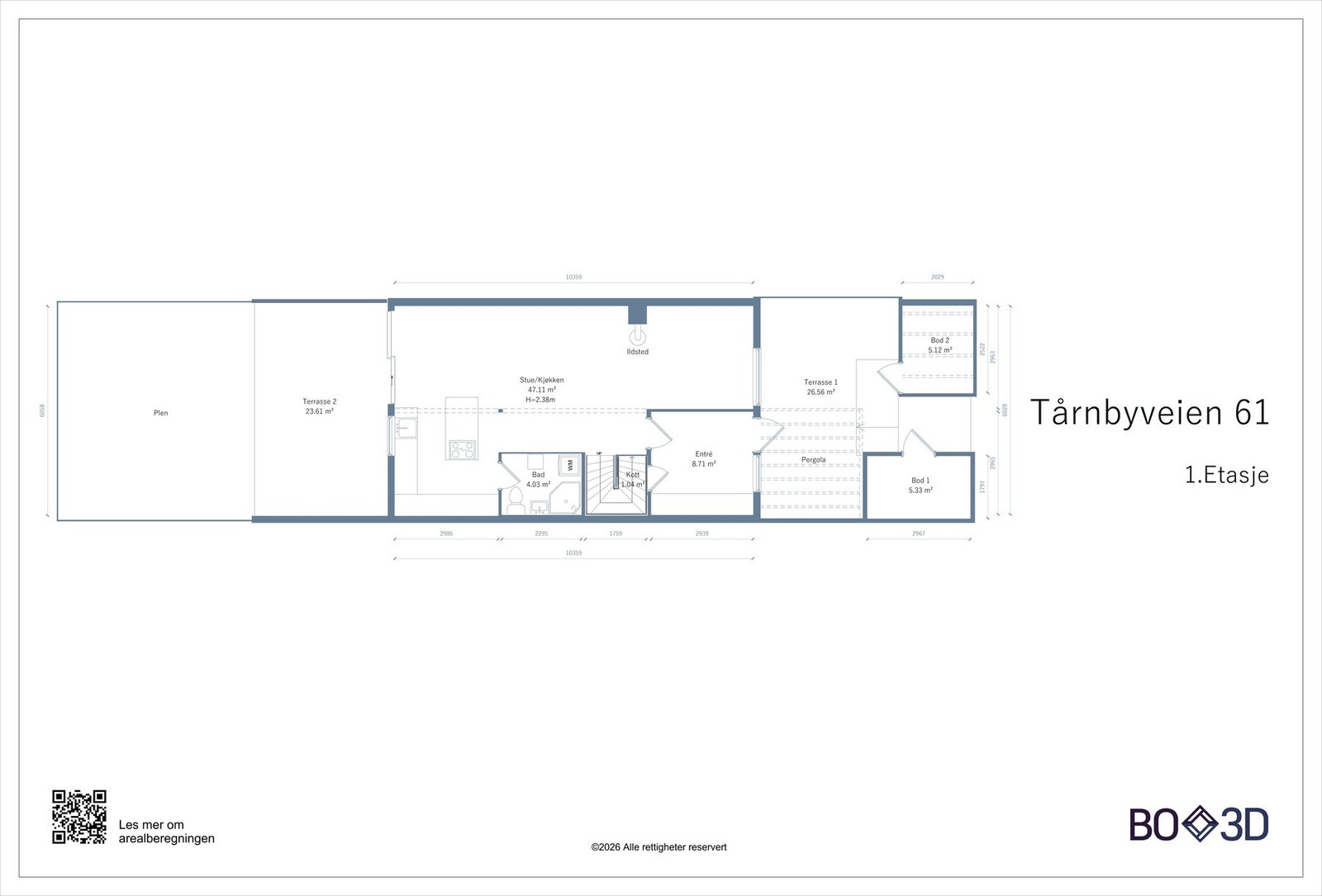 Før vi blar videre tar vi en titt på boligens planskisse slik at du får orientert deg litt. I tillegg til innvendig areal, disponerer boligen to boder på 10 kvm. Galleribilde
