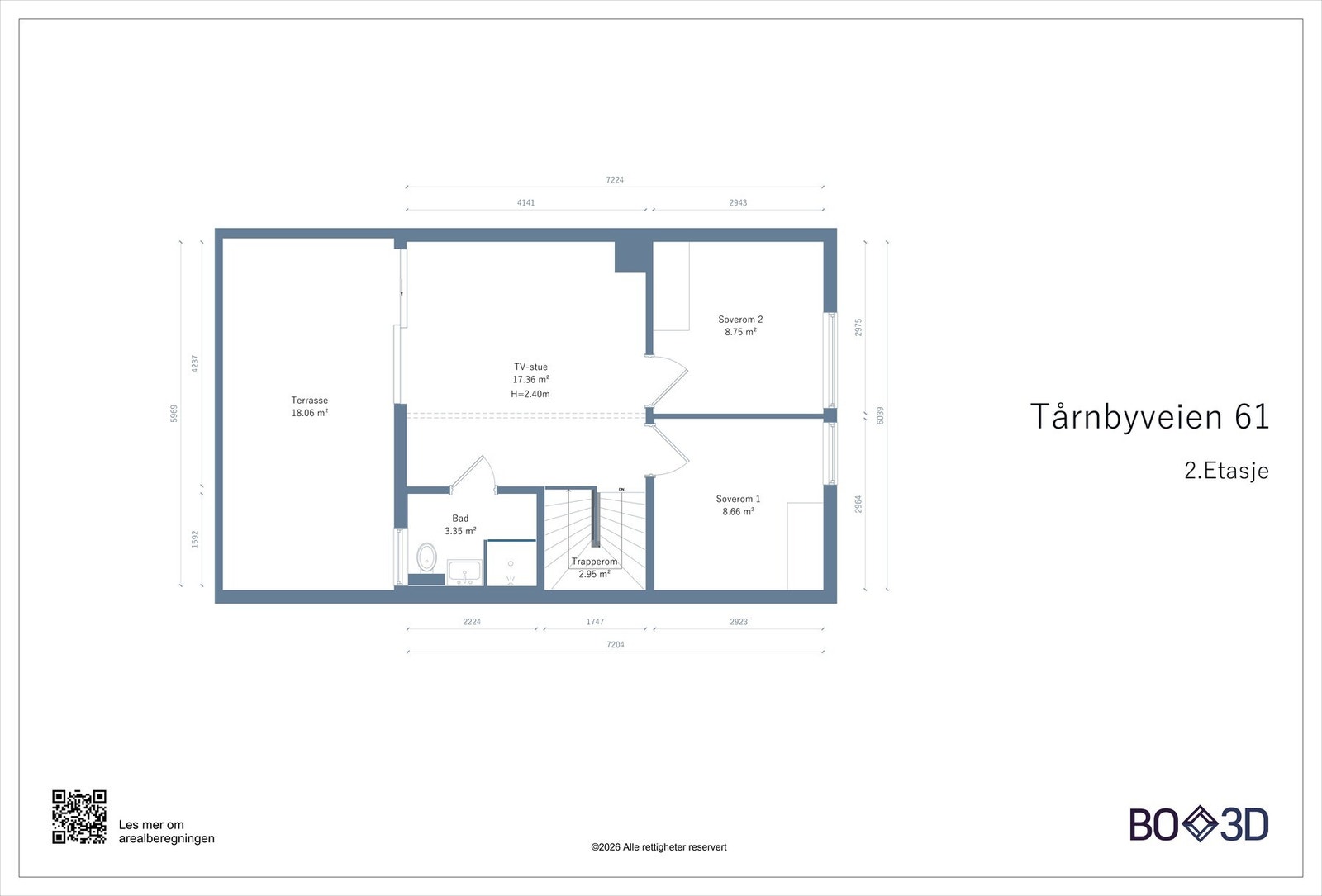 Vi beveger oss opp til 2.etasje. Etasjen inneholder to svært gode soverom, tv-stue og baderom. Galleribilde