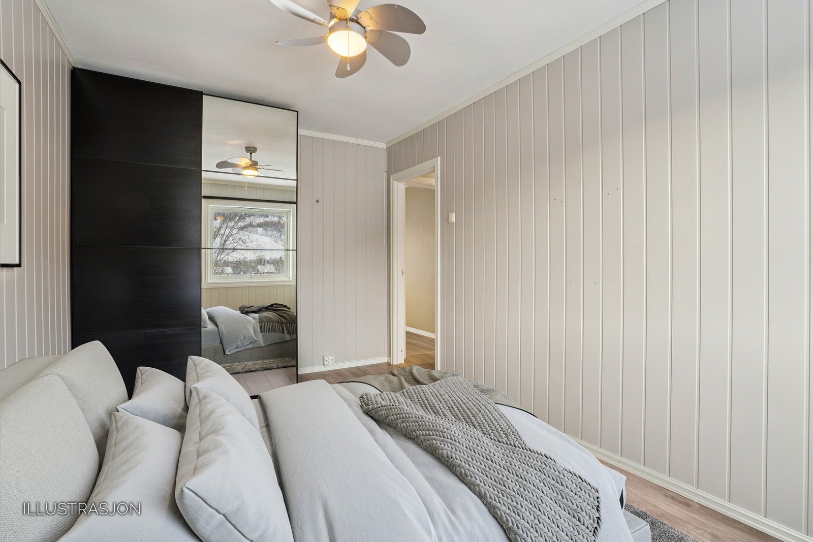Illustrasjon som viser en mulig møblering av soverommet med garderobeskap. Galleribilde