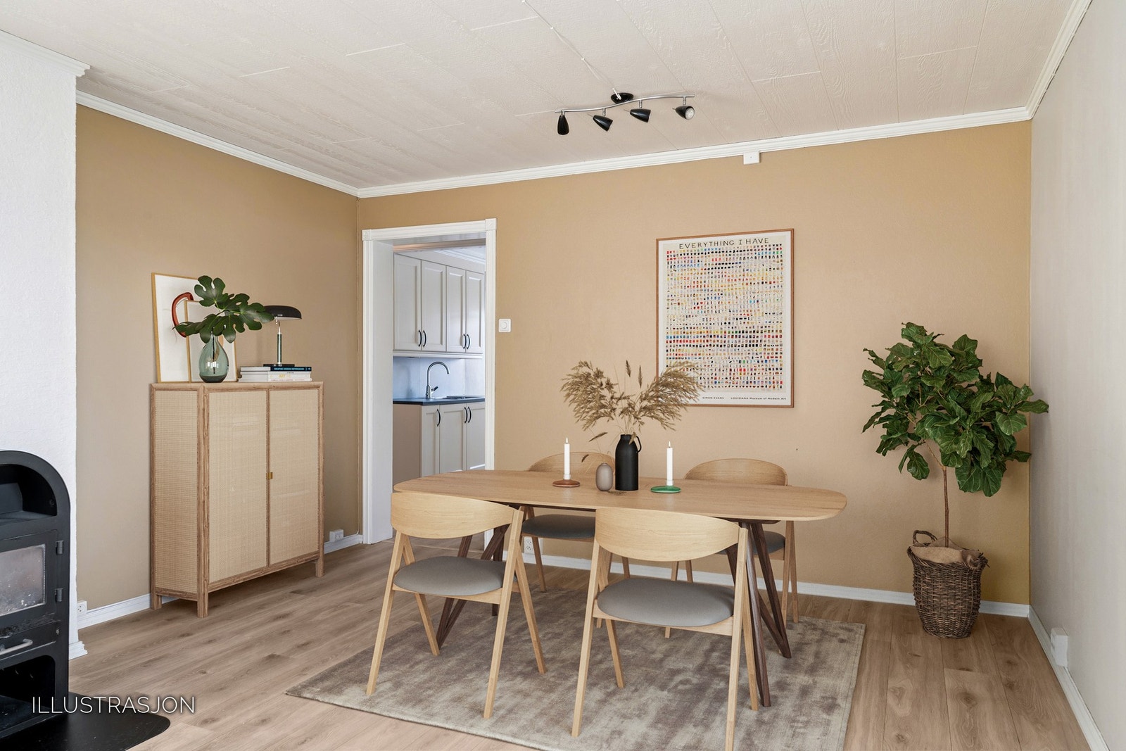 I overgangen mellom stue og kjøkken er det god plass til en egen spisesone. Målestokk på illustrasjon vil avvike fra faktiske forhold. Galleribilde