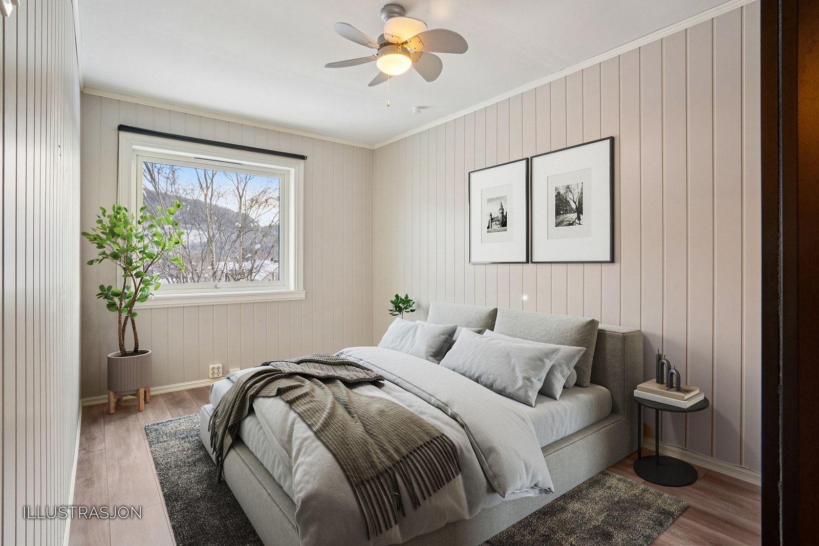 Illustrasjon som viser en mulig møblering av soverommet. Soverommet har samme laminatgulv som resten av leiligheten, lagt i 2016. Galleribilde