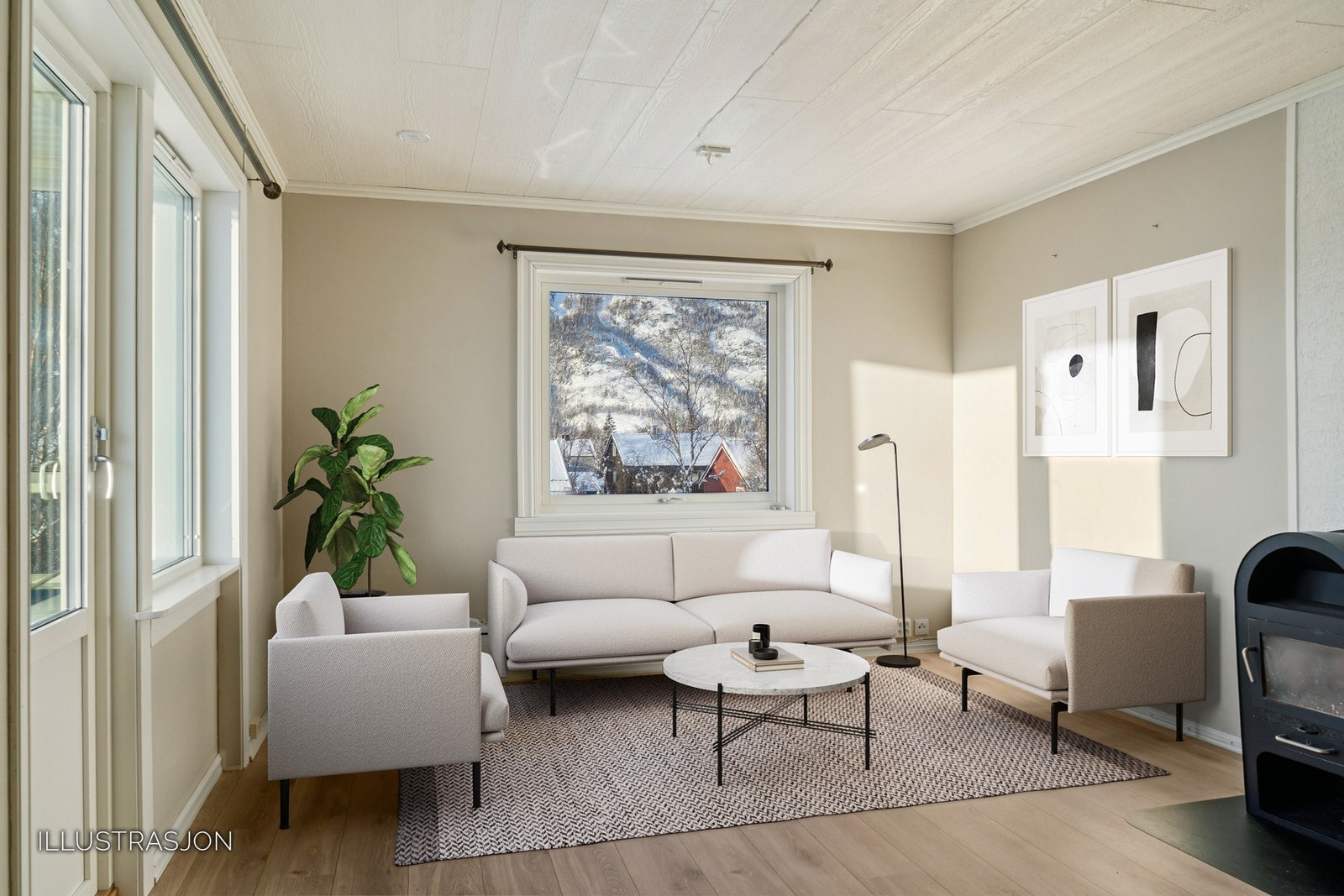 Planløsningen gir fleksible møbleringsmuligheter for både sofagruppe og spiseplass. Galleribilde