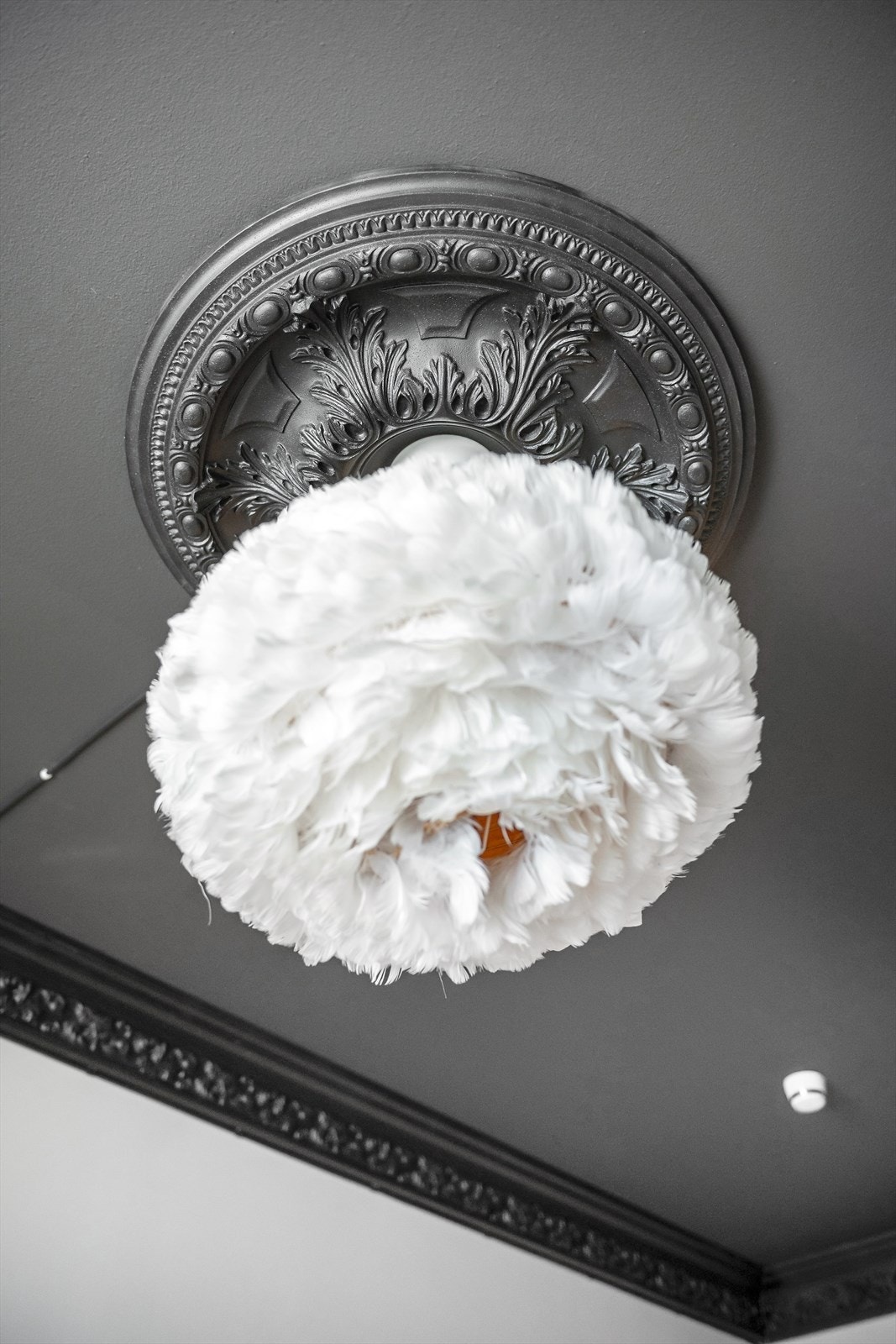 I taket er det montert brede, dekorative taklister og takrosett med struktur Galleribilde