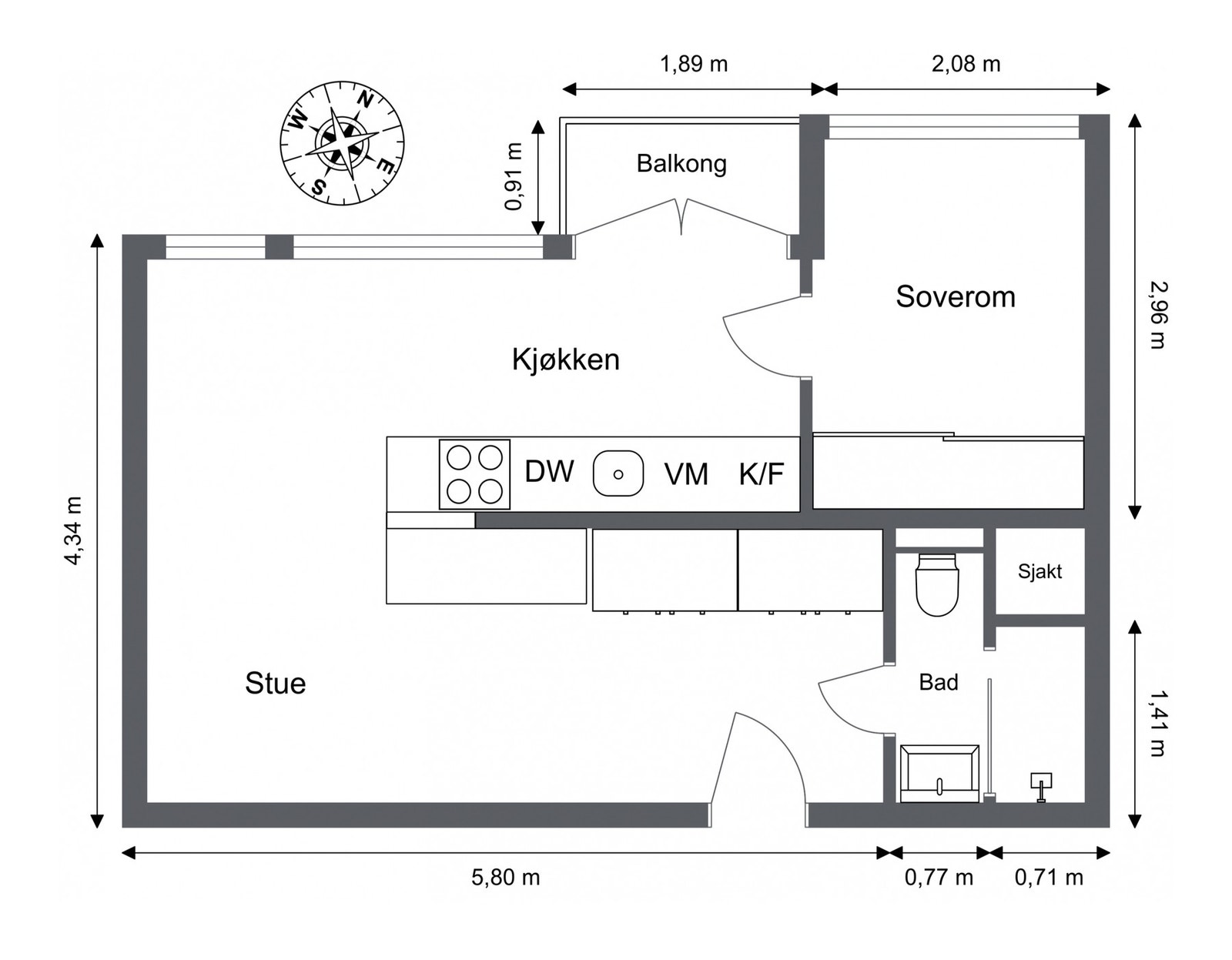 Målsatt planskisse - Arealeffektiv bolig med entré, stue/kjøkken, baderom, soverom og balkong. Galleribilde