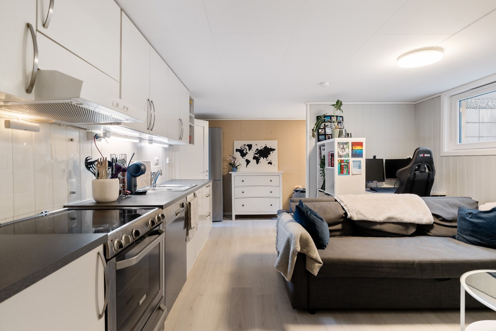 Kjelleren leies ut for kr. 9.800,- pr. i dag eksklusive strøm. Leieforholdet avsluttes i mai slik at man også har fleksibilitet til egen bruk. Galleribilde