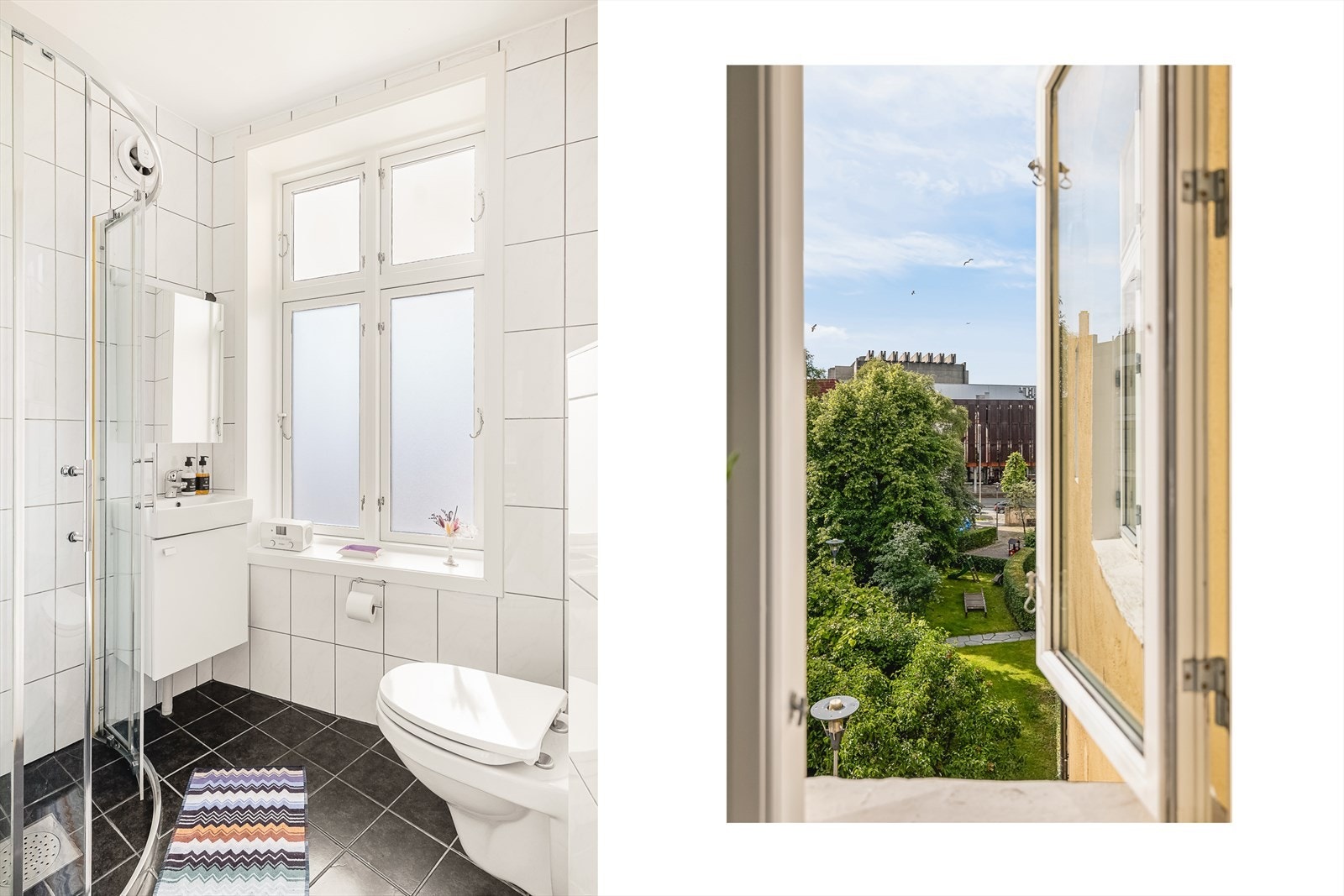 Badet, på 3 m2 og renovert i 2008, er selvsagt helfliset og er innredet med nedfelt servant, veggmontert toalett og dusjhjørne. Badet inneholder også elektriske varmekabler og elektrisk styrt vifte. Galleribilde