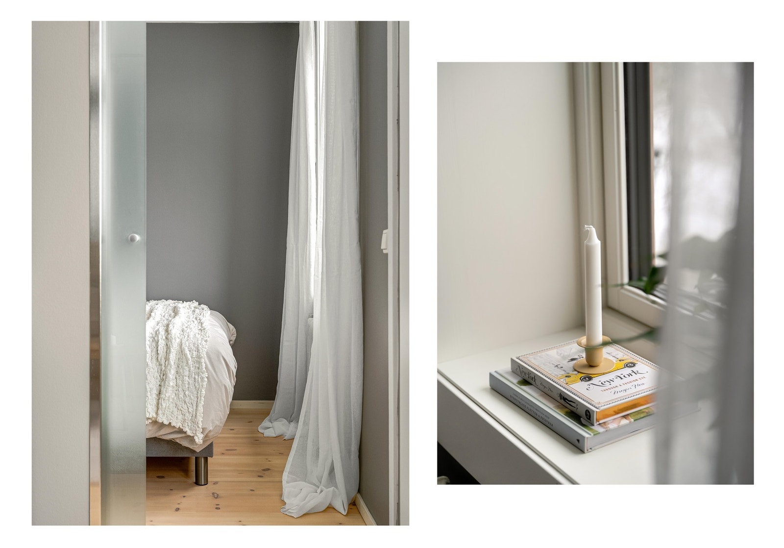 Vi tar en tur videre inn på soverommet, som for øvrig er skilt av fra stuen med en skyvedør i frostet glass. Galleribilde