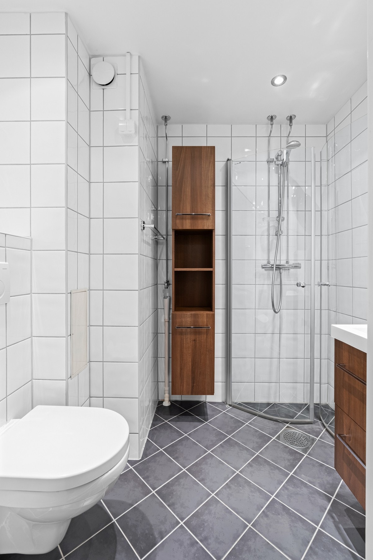 Badet har toalett, opplegg for vaskemaskin, skap og et dusjhjørne med buede, innfellbare glassdører. Galleribilde