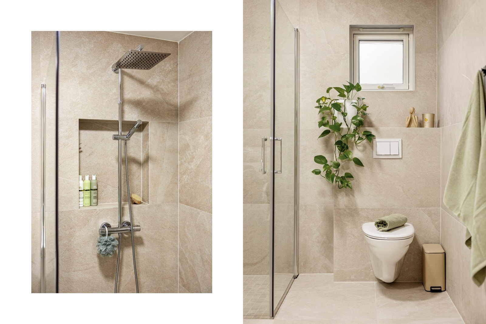 Rommet er innredet med servant, speil, dusjhjørne og vegghengt toalett Galleribilde