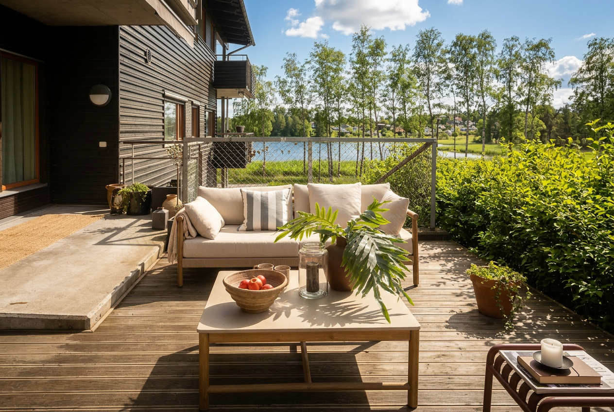 Utsikt mot Hundsundet på sommerstid fra terrassen. (AI generert) Galleribilde