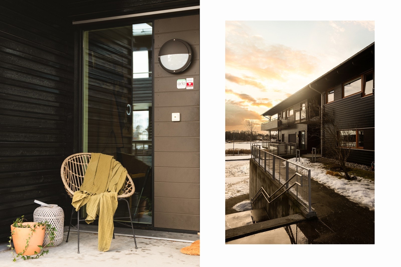 Hyggelig overbygget inngangsparti, ryddige og pene fellesarealer med vannspeil i front av bygget. Galleribilde