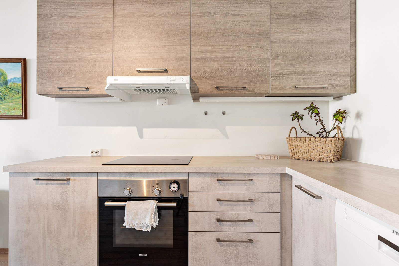 Benkeplaten er av laminat og det er kjøl/fryseskap, oppvaskmaskin, induksjonstopp og stekeovn. Galleribilde