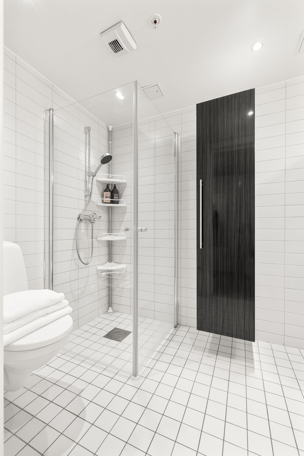 Dusjhjørnet har praktiske, innfellbare glassdører, og himlingen har integrerte spottere. Galleribilde