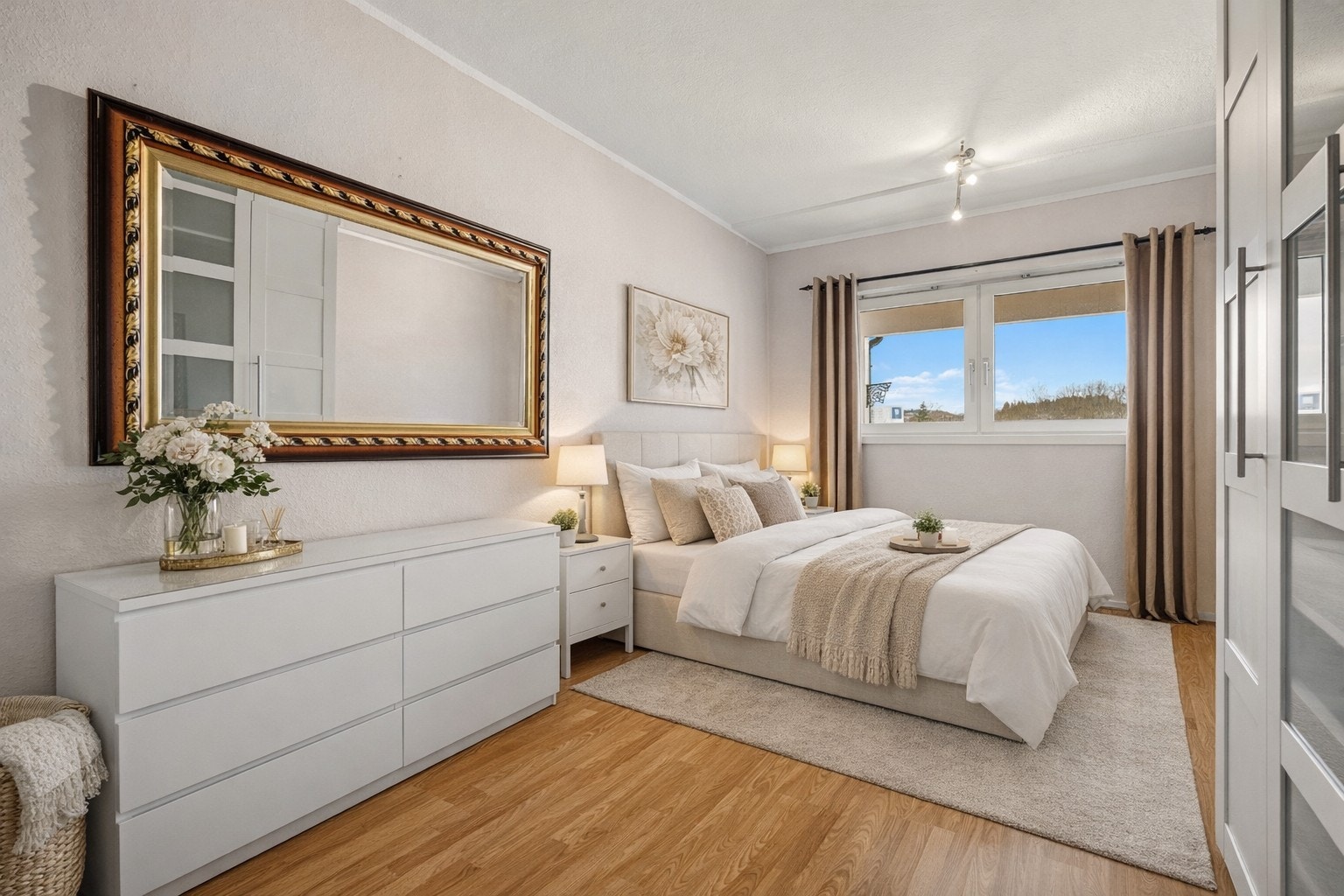 Stort soverom med god plass til dobbeltseng, tilhørende nattbord og ønsket garderobeløsning. Bildet er digitalt møblert. Galleribilde