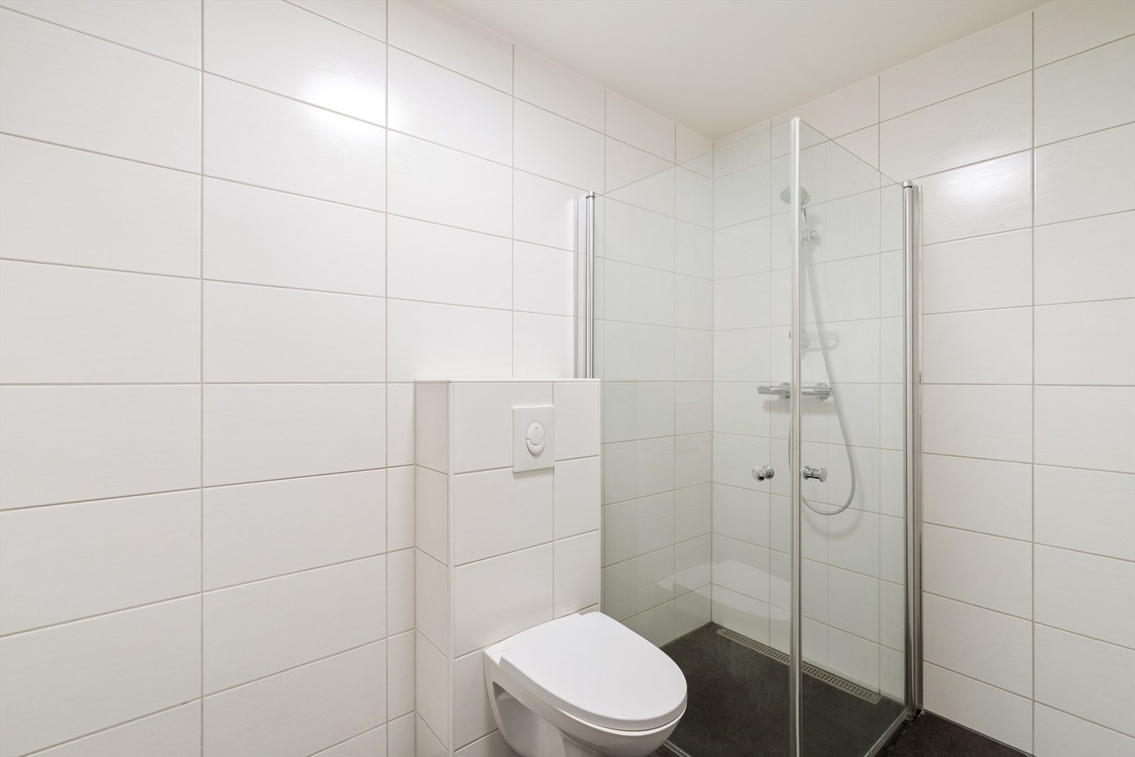 Dusjhjørne og vegghengt toalett. Klassisk og tidløst bad. Galleribilde