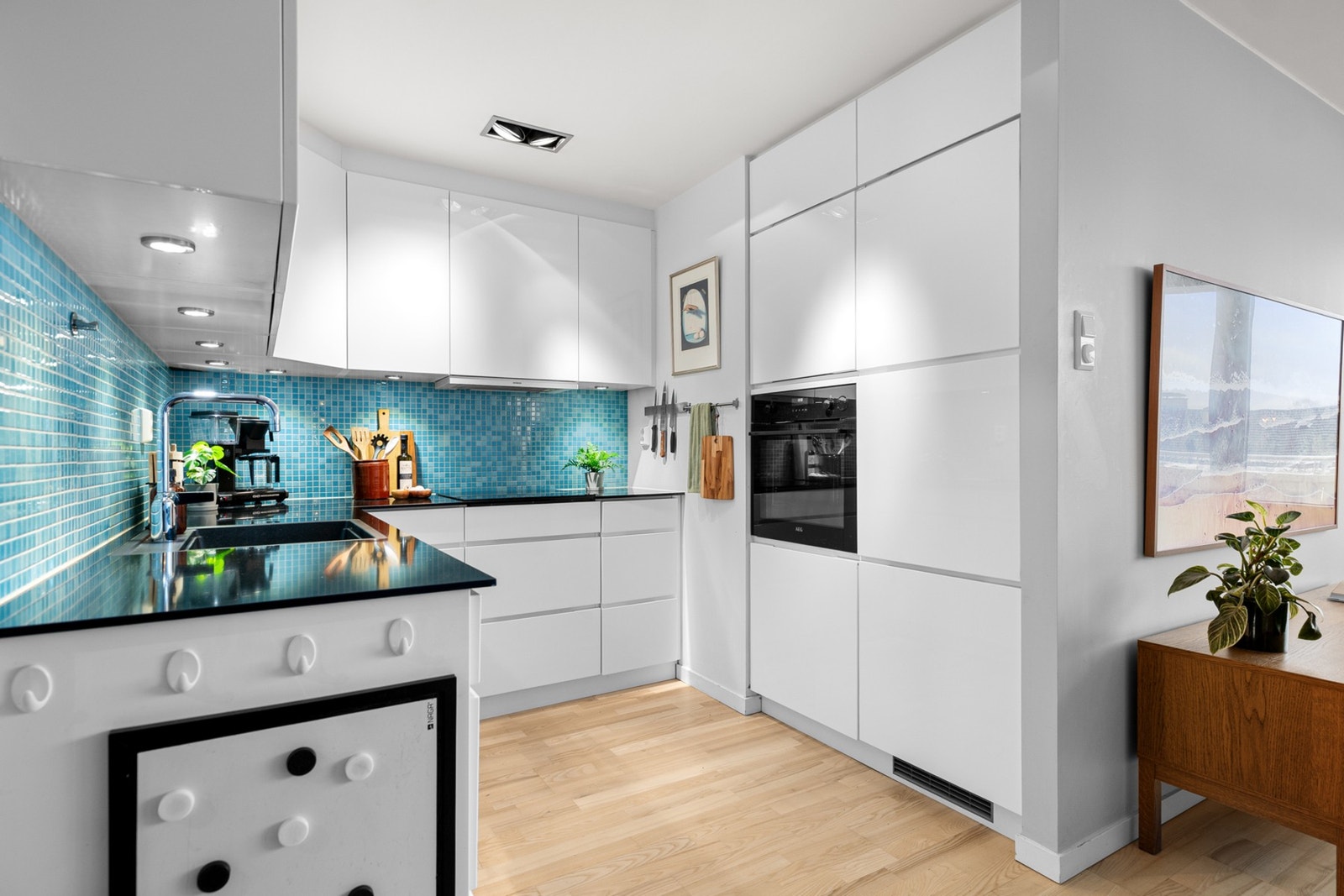 Hvitevarene er integrert i innredningen og omfatter induksjonstopp, stekeovn, oppvaskmaskin, samt kjøleskap med fryserdel. Galleribilde