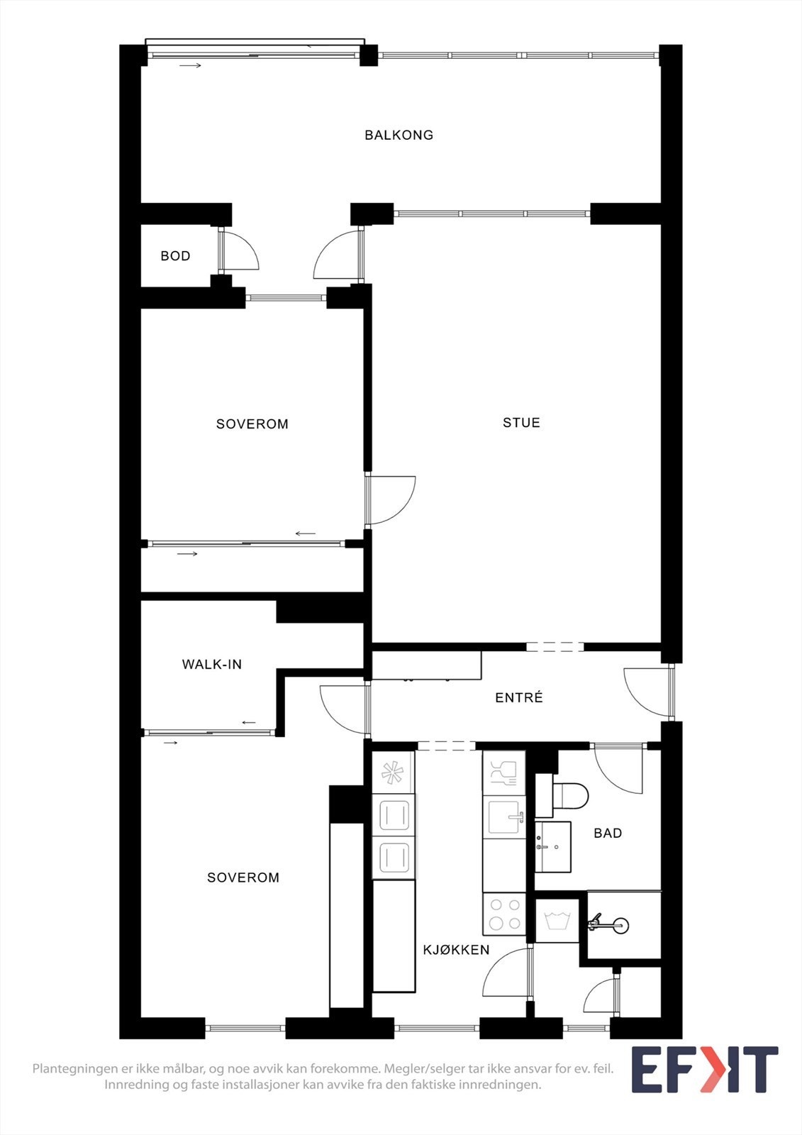Leiligheten har en arealeffektiv planløsning med to soverom, separat kjøkken og et praktisk vaskerom. Galleribilde