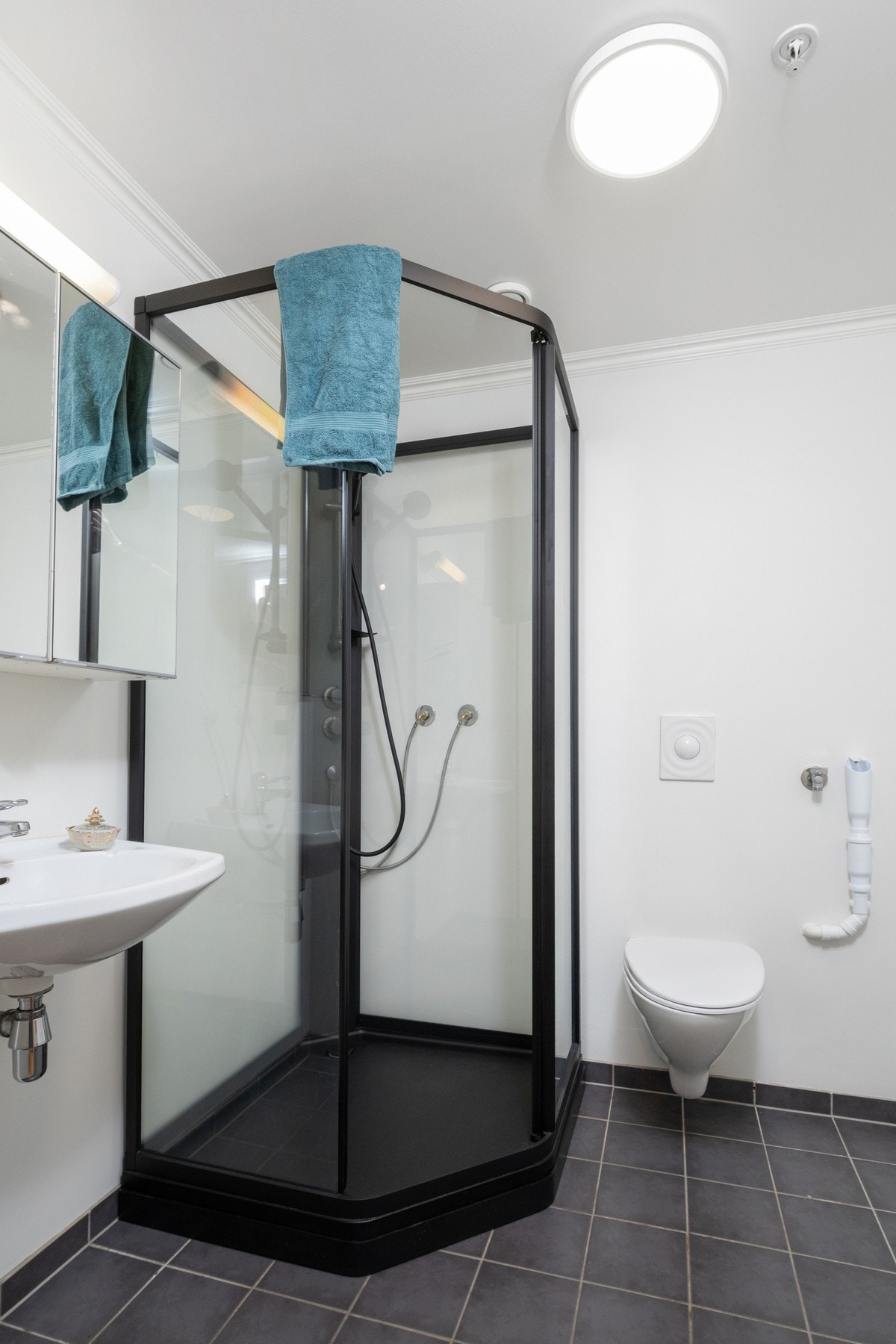 Rommet er utstyrt med servant, veggmontert toalett, dusjkabinett og opplegg for vaskemaskin. Galleribilde