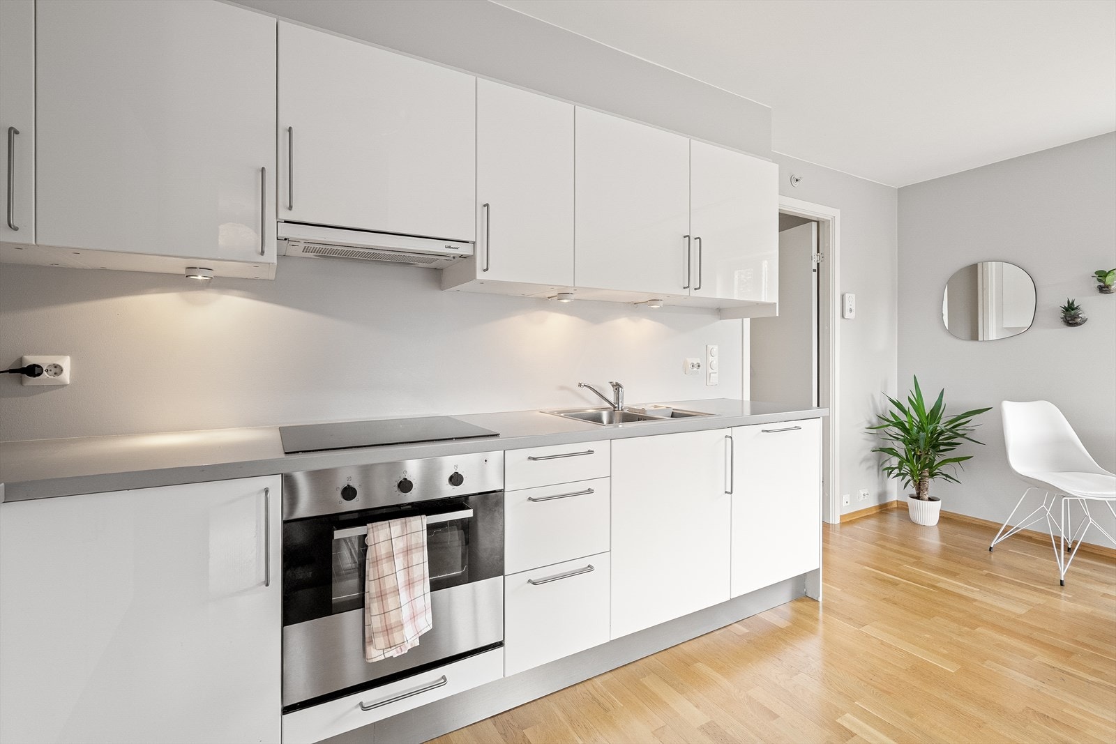 Integrerte hvitevarer som kjøleskap, platetopp, stekeovn og oppvaskmaskin medfølger i handelen. Galleribilde