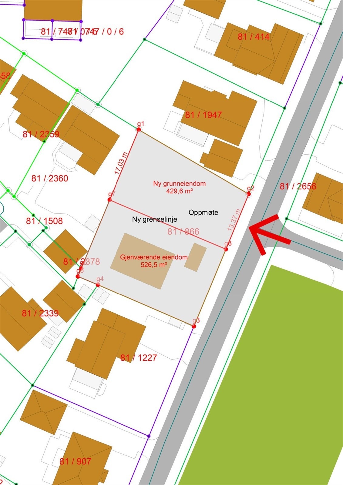 Kartet viser den nye eiendommen på 429,6 m² med egen, planlagt innkjøring. Galleribilde