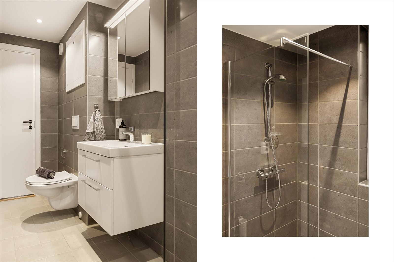 Pent og praktisk dusjhjørne, samt vegghengt toalett Galleribilde