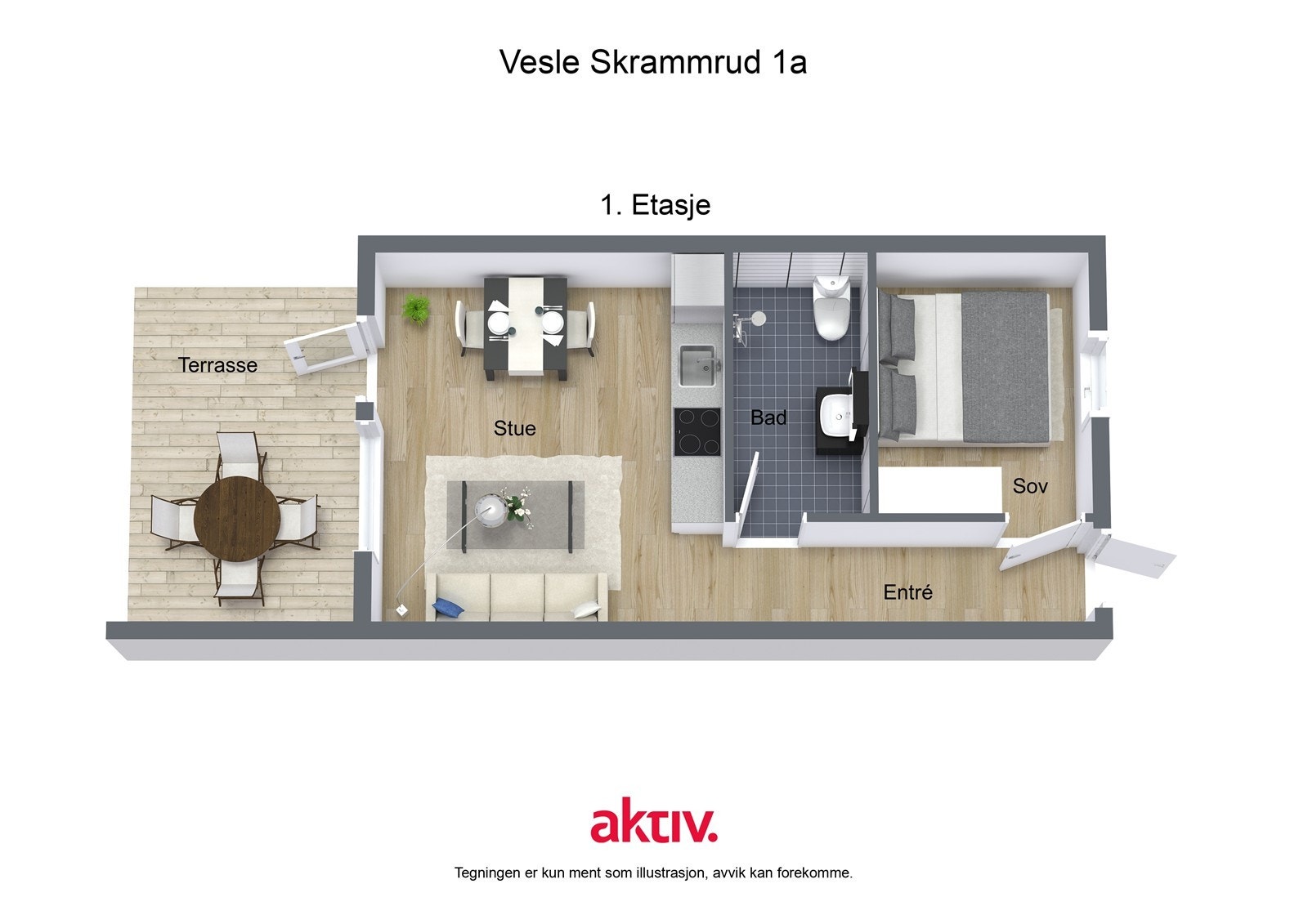 Illustrasjonen fremhever laminatgulv fra 2023 og flislagt bad med elektriske varmekabler. Galleribilde