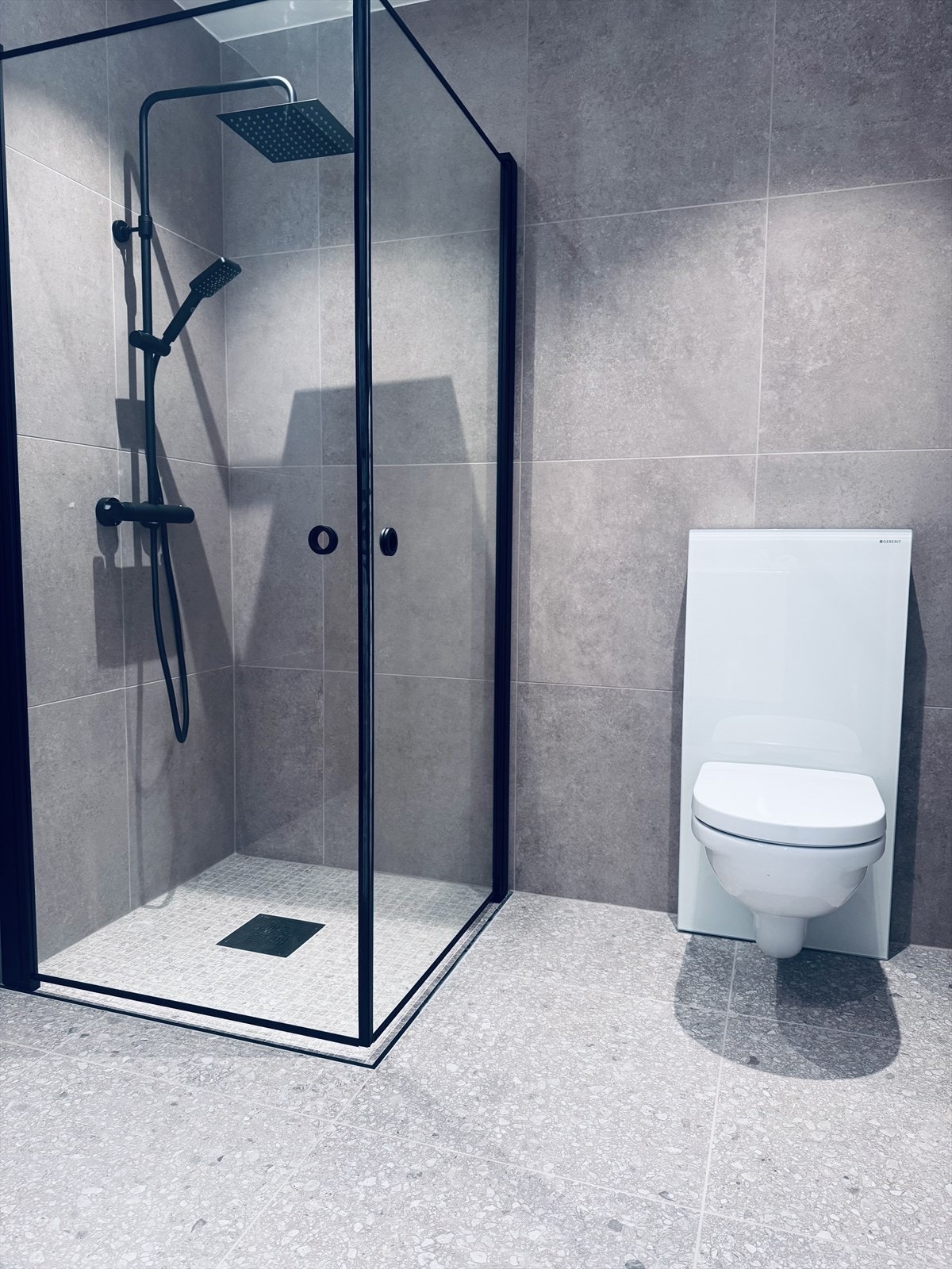 Delikat dusj, samt veggehengt toalett. Galleribilde