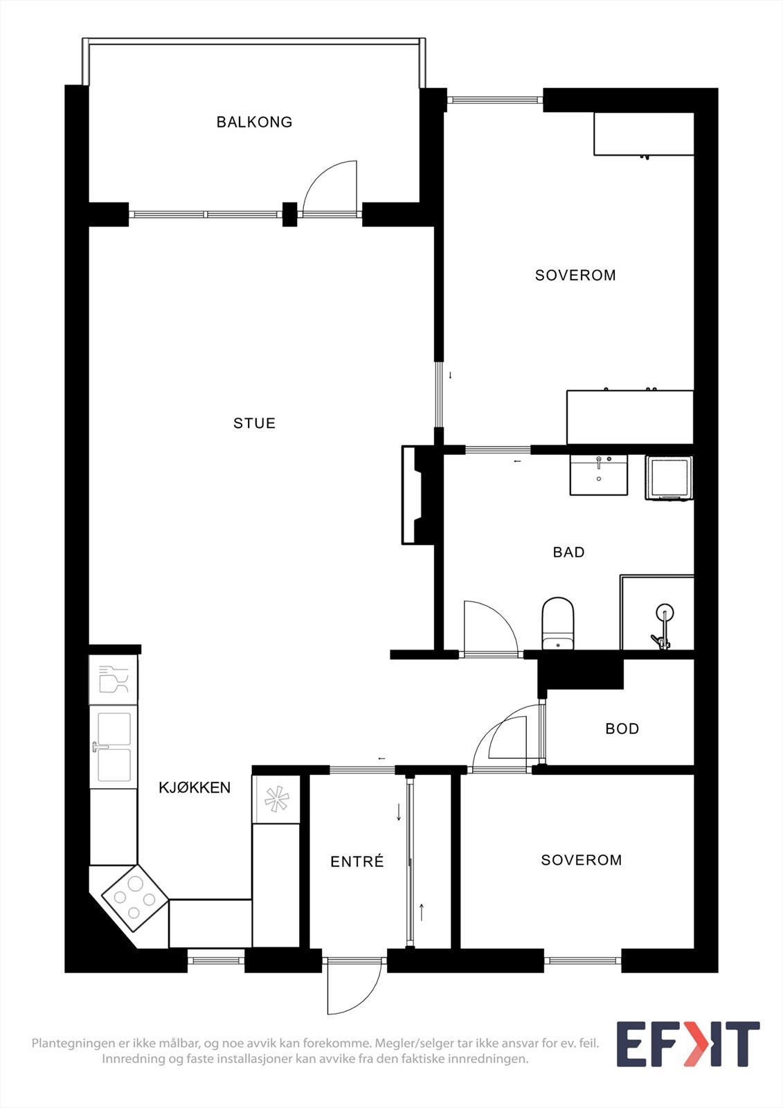 Leiligheten har en arealeffektiv planløsning med to soverom, åpen stue- og kjøkkenløsning og innvendig bod. Galleribilde