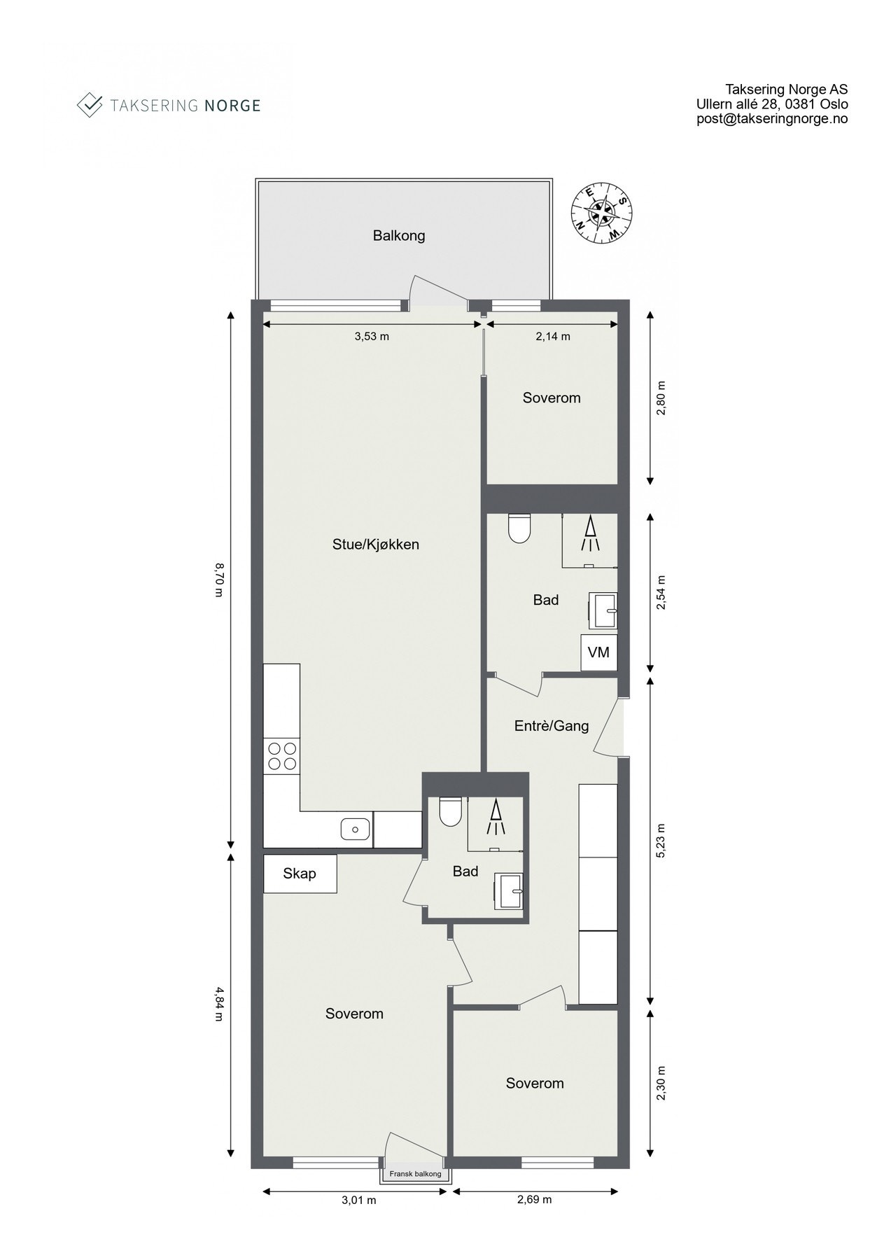 Plantegning 4. etasje. I tillegg disponerer leiligheten en kjellerbod på ca. 6m². Heis i bygget. Galleribilde