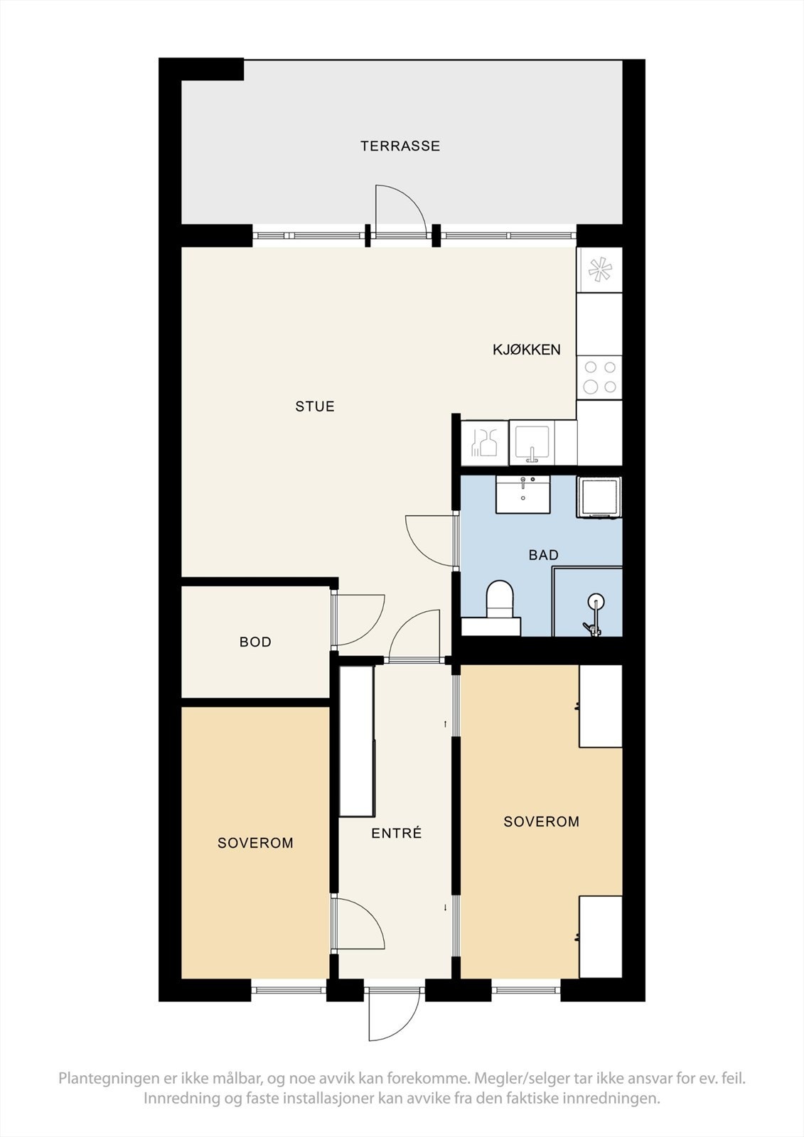 Leiligheten har en arealeffektiv planløsning på 55 m² med to soverom og innvendig bod. Galleribilde