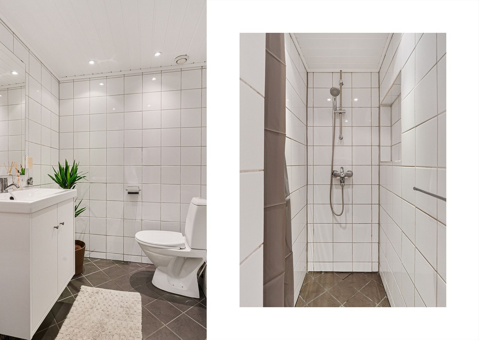 Badet har flislagte overflater og downlights i himling. Øvrig innredning består av toalett, dusjnisje og en nyere baderomsinnredning med nedfelt servant og servantskap. Galleribilde