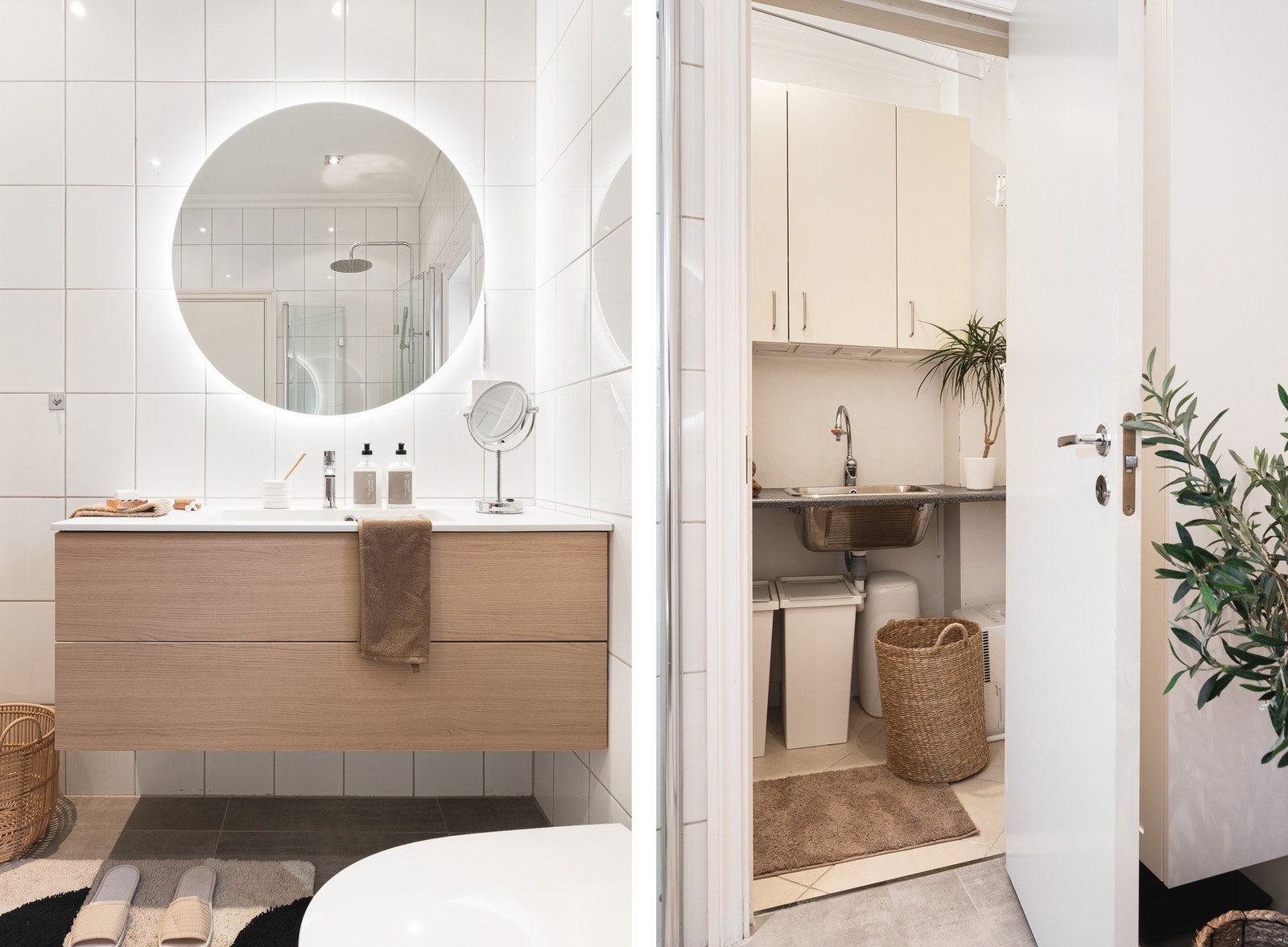 Vaskerommet er tilknyttet badet og er innredet med benkeplate med nedfelt skyllekar og har opplegg for vaskemaskin. Galleribilde