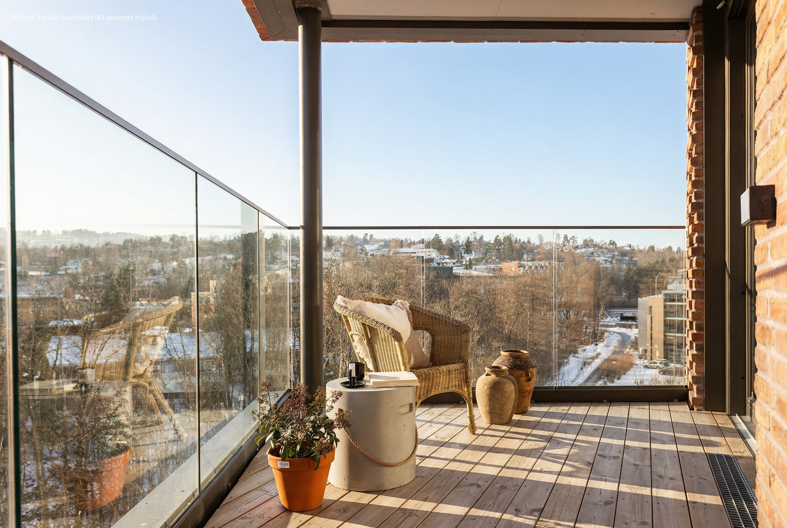 Utenfor stuen er det en overbygget balkong med glassrekkverk. Galleribilde