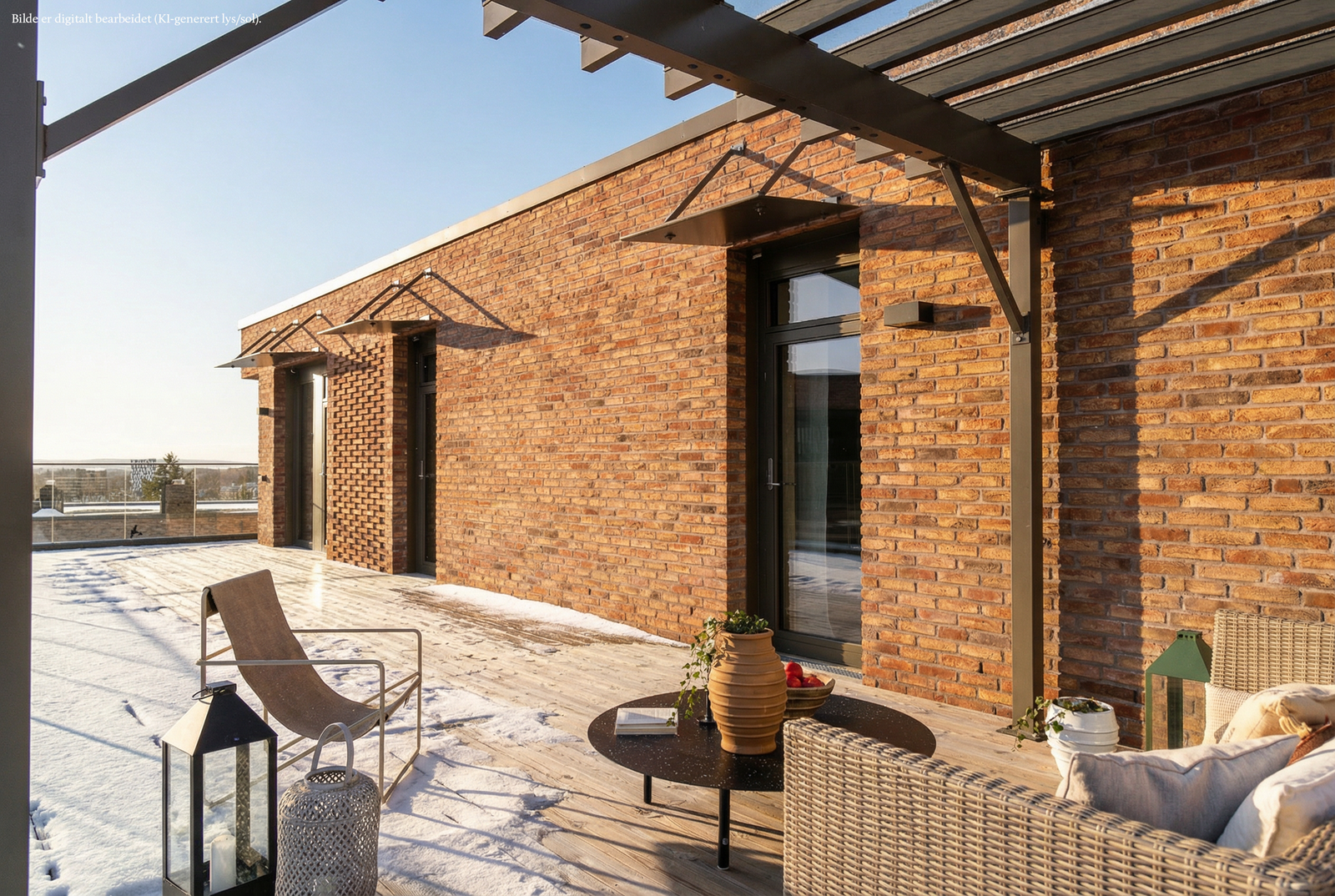 Deler av terrassen har pergola, perfekt sted å finne litt le. Galleribilde