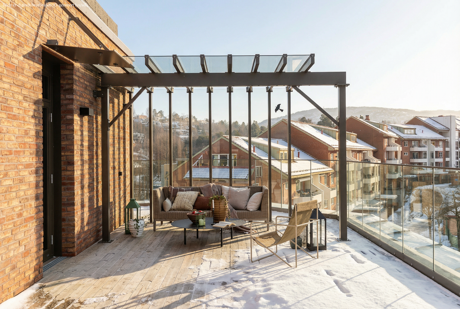 Vi tar en titt på terrassen. Denne har utgang fra to av soverommene, hallen og spisestuen. Galleribilde