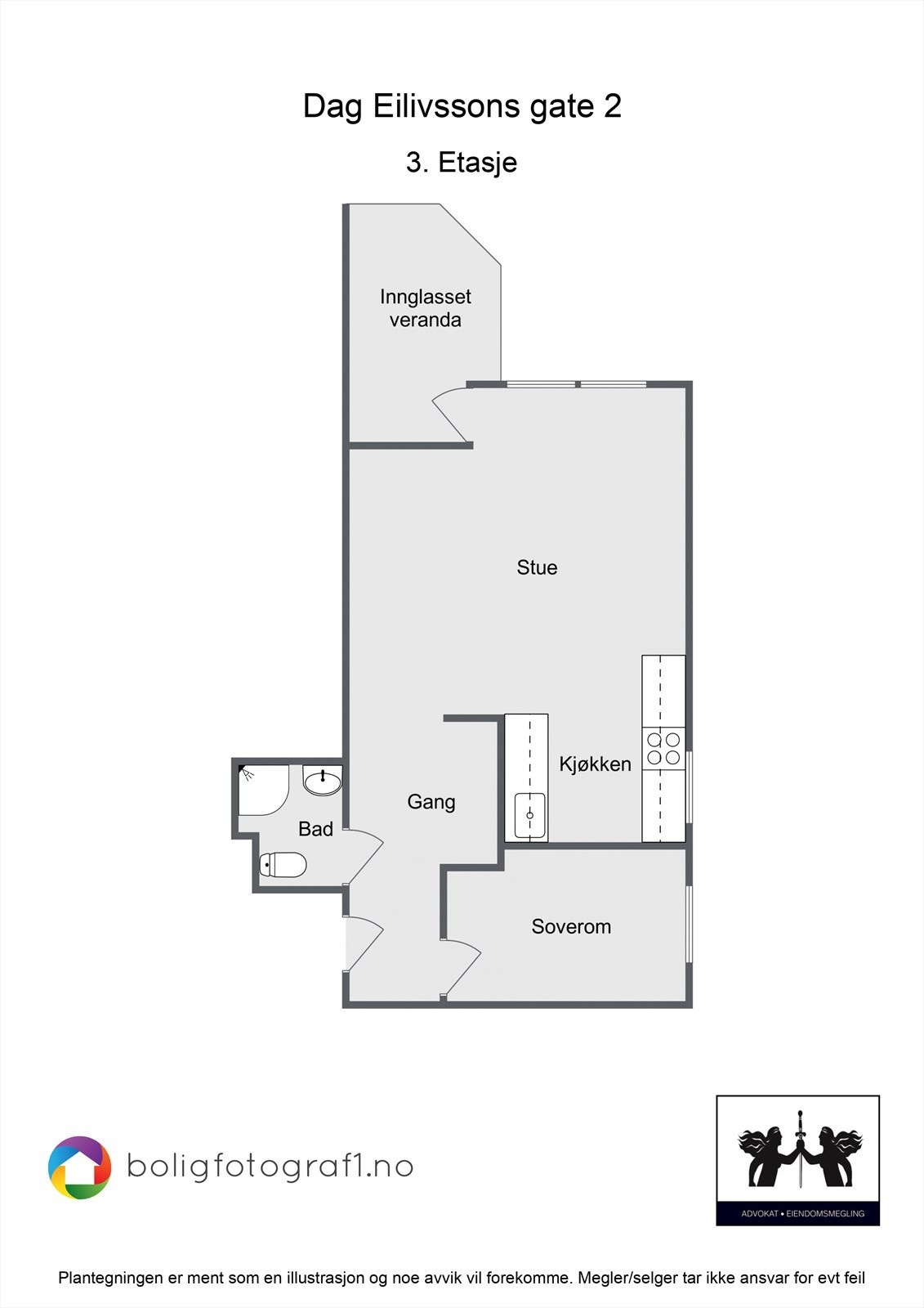 God planløsning - hjørneleilighet - vinduer på soverom, kjøkken og stue Galleribilde